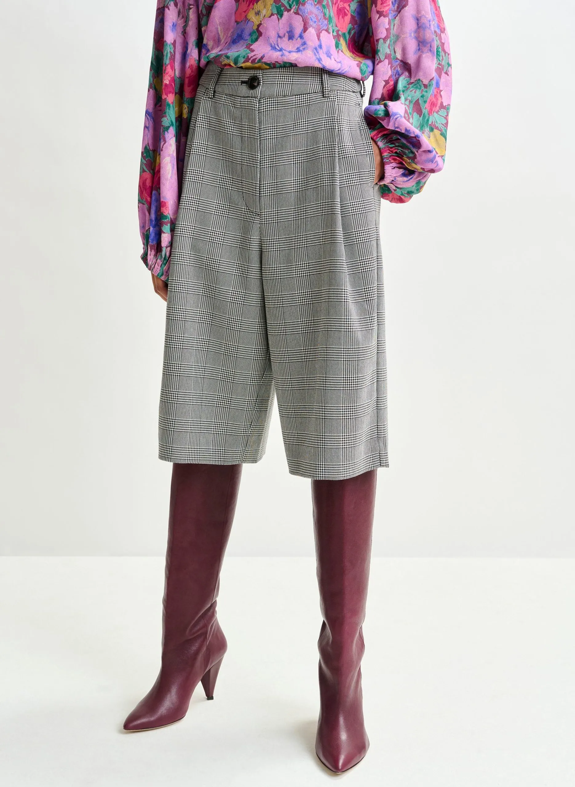 Bermuda taille haute à carreaux Gris INTRO