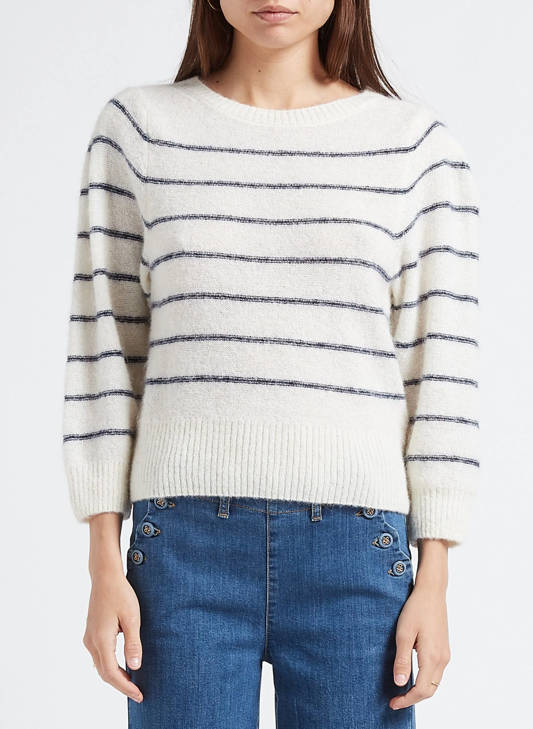 Pull col rond rayé en alpaga mélangé Blanc