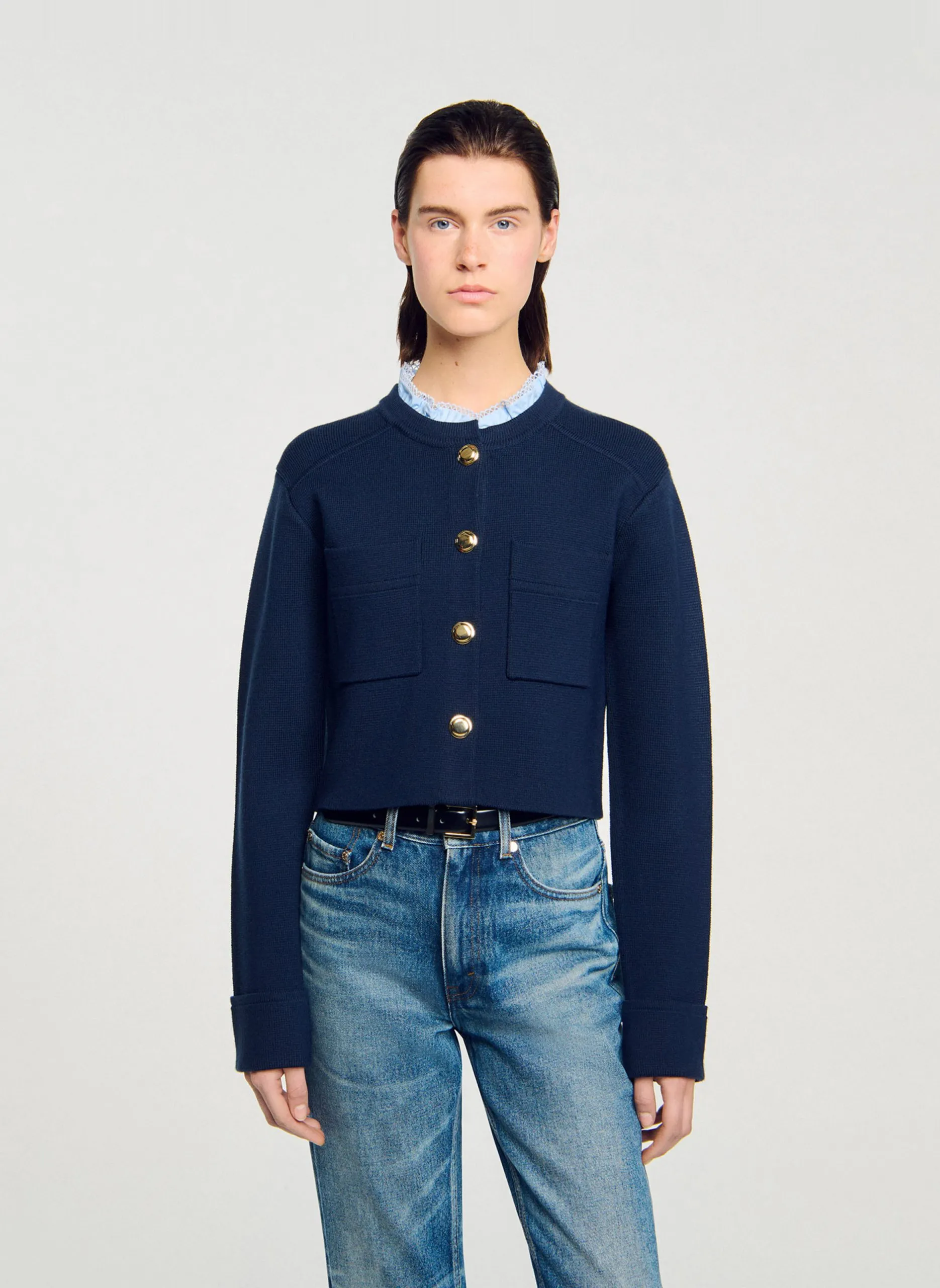 Cardigan droit col montant Bleu