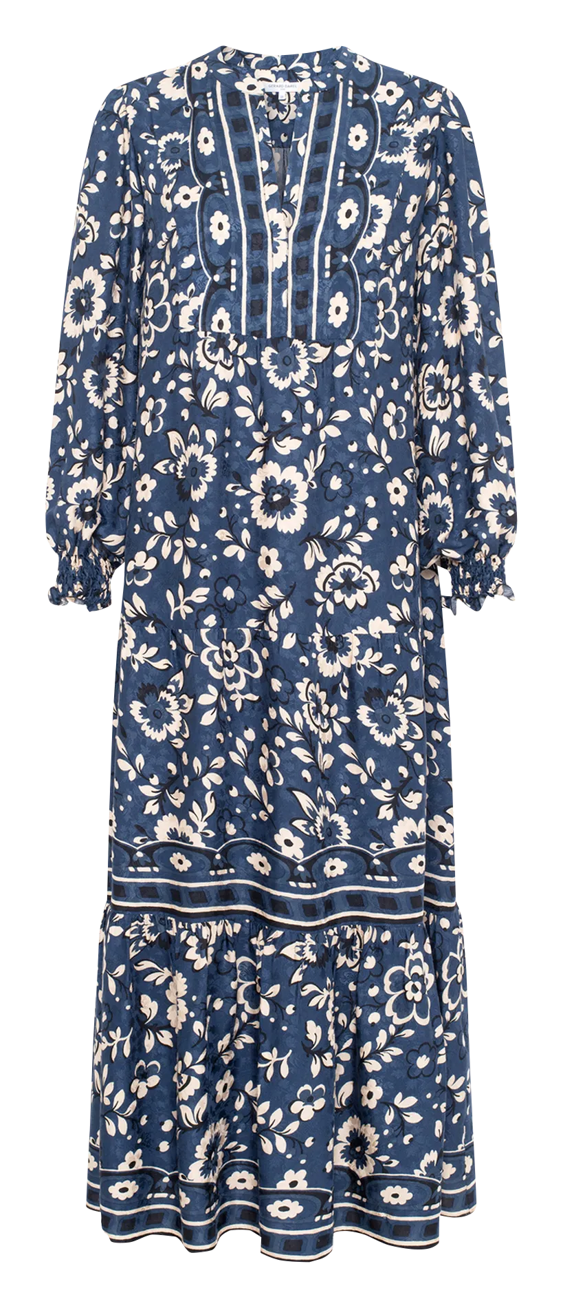 Robe longue imprimée col tunisien Bleu LYDIANE