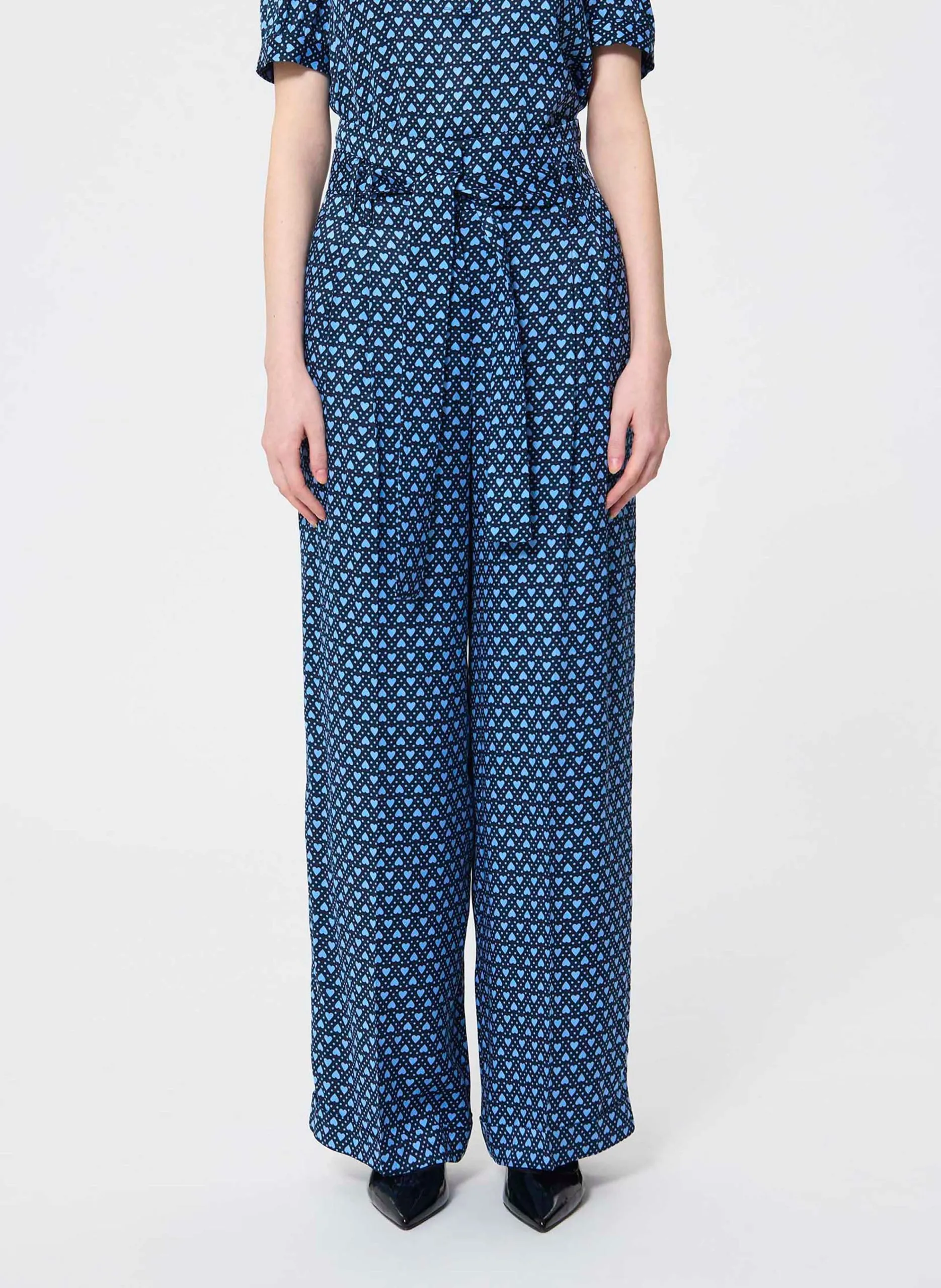 Pantalon taille haute ceinturé à motif Bleu PIA