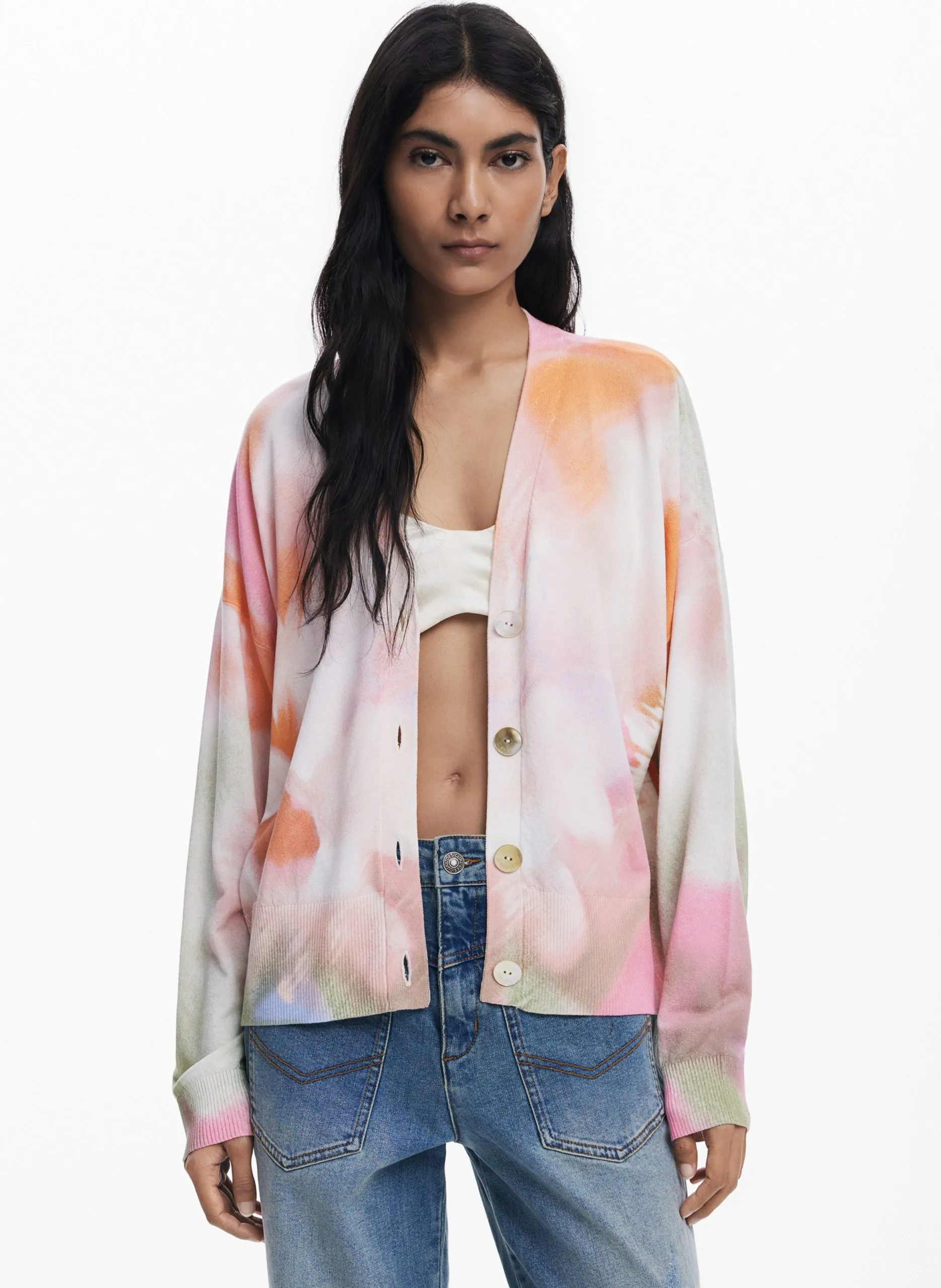 Cardigan en maille boutonné tie-dye Blanc