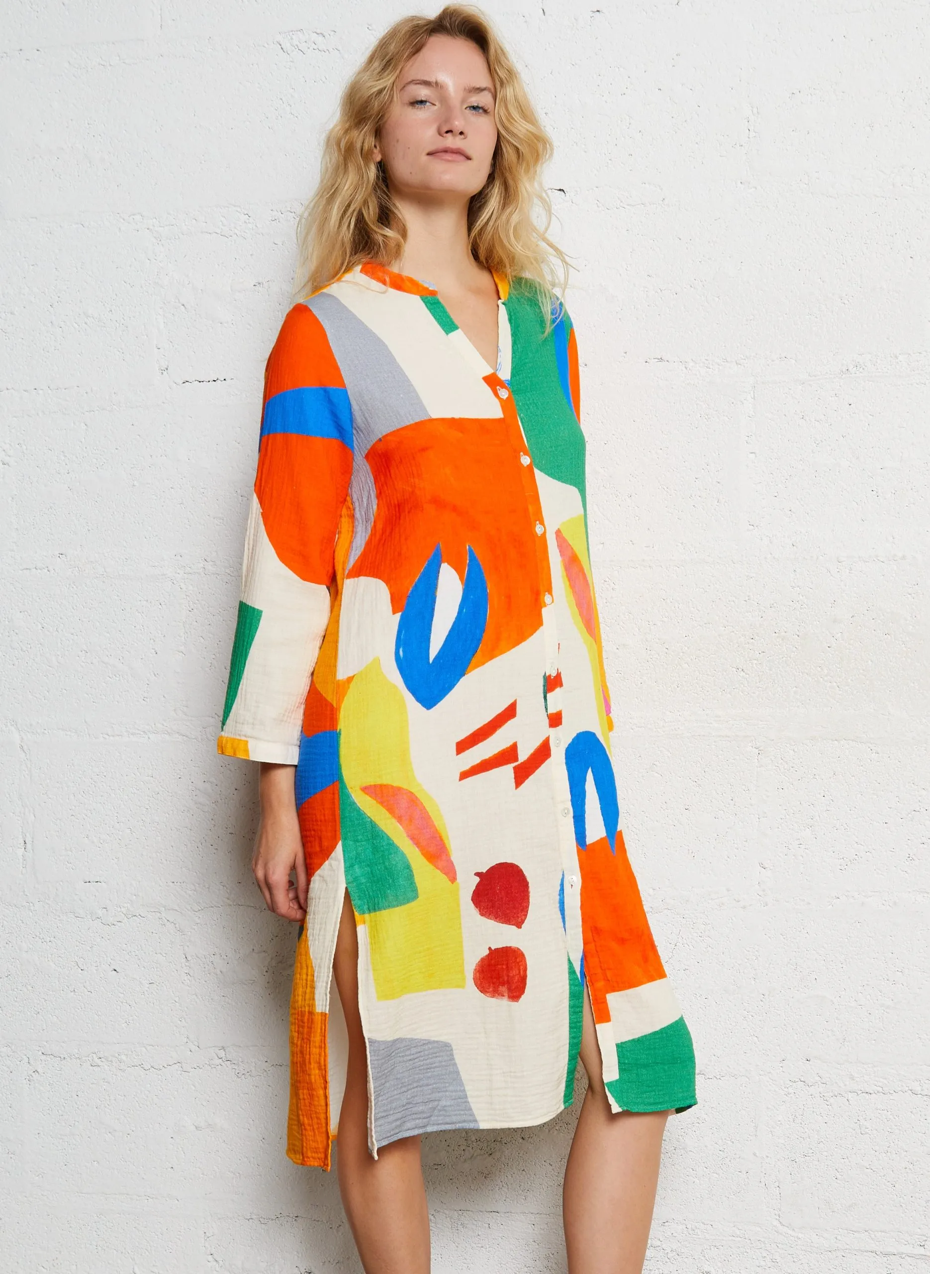 Robe chemise midi imprimée en coton Multicolore GEOMETRIE JOE