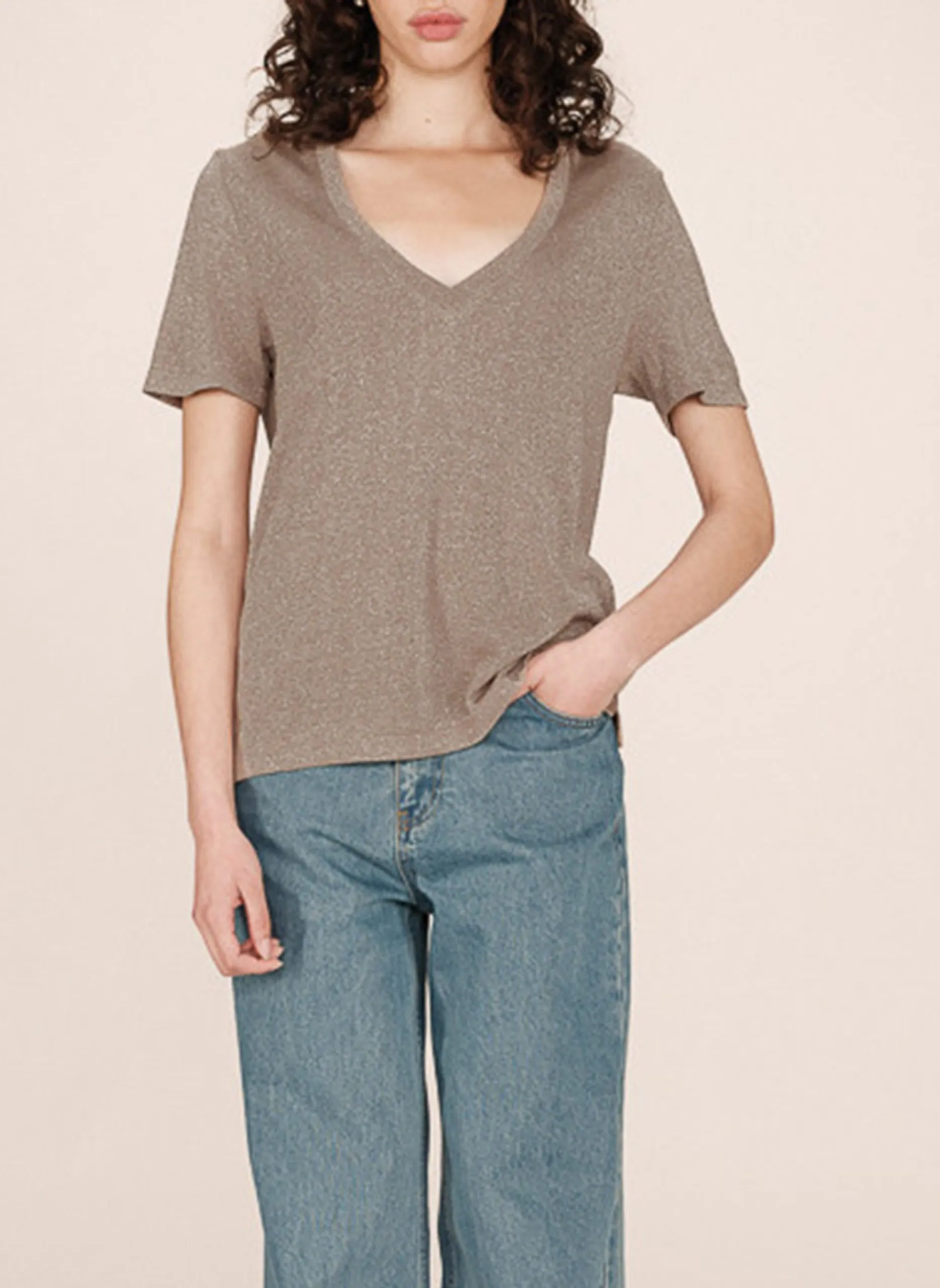 Tee-shirt col v Beige STARDUST