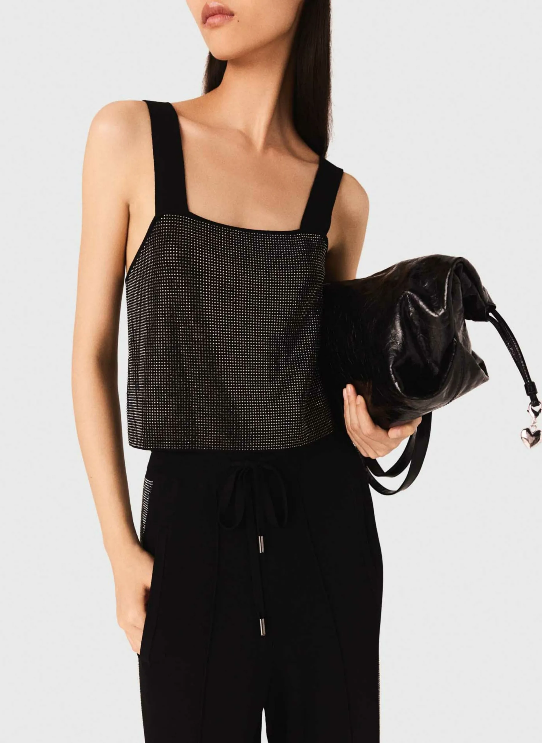 Top court col carré à strass Noir