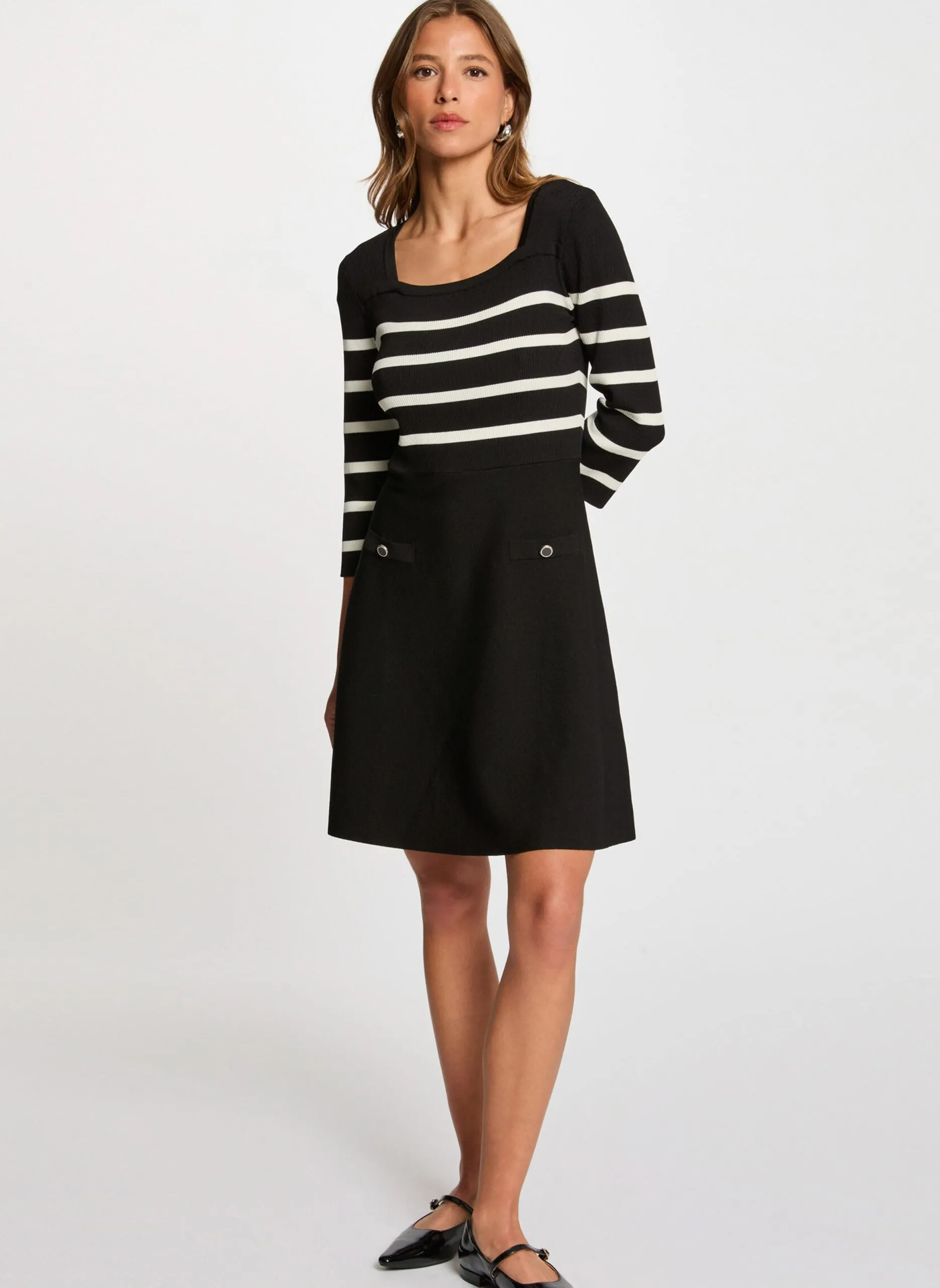 Robe courte col carré à rayure Beige 252-RMPIA