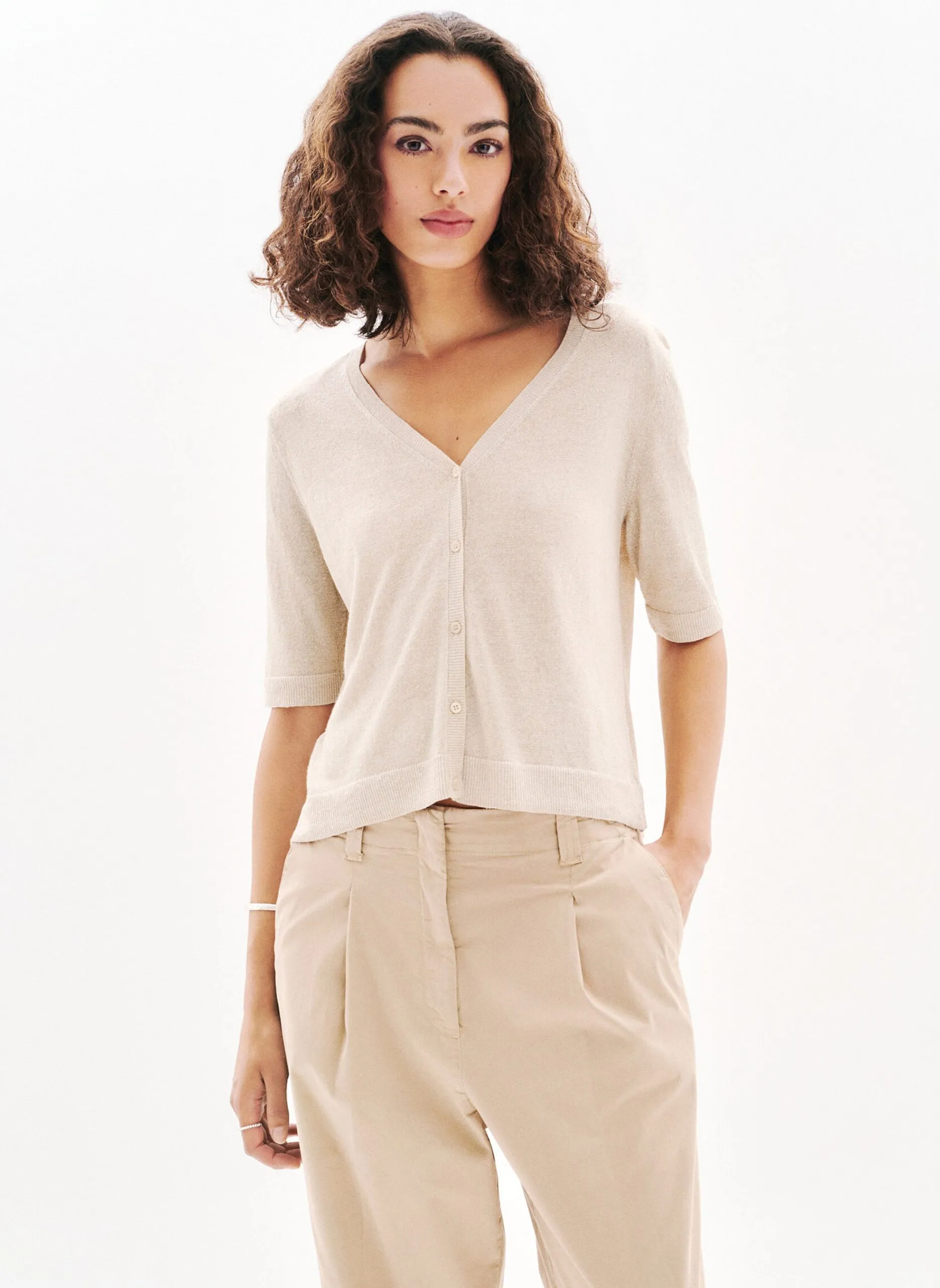 Cardigan col V manches courtes Beige 251K-MILLY