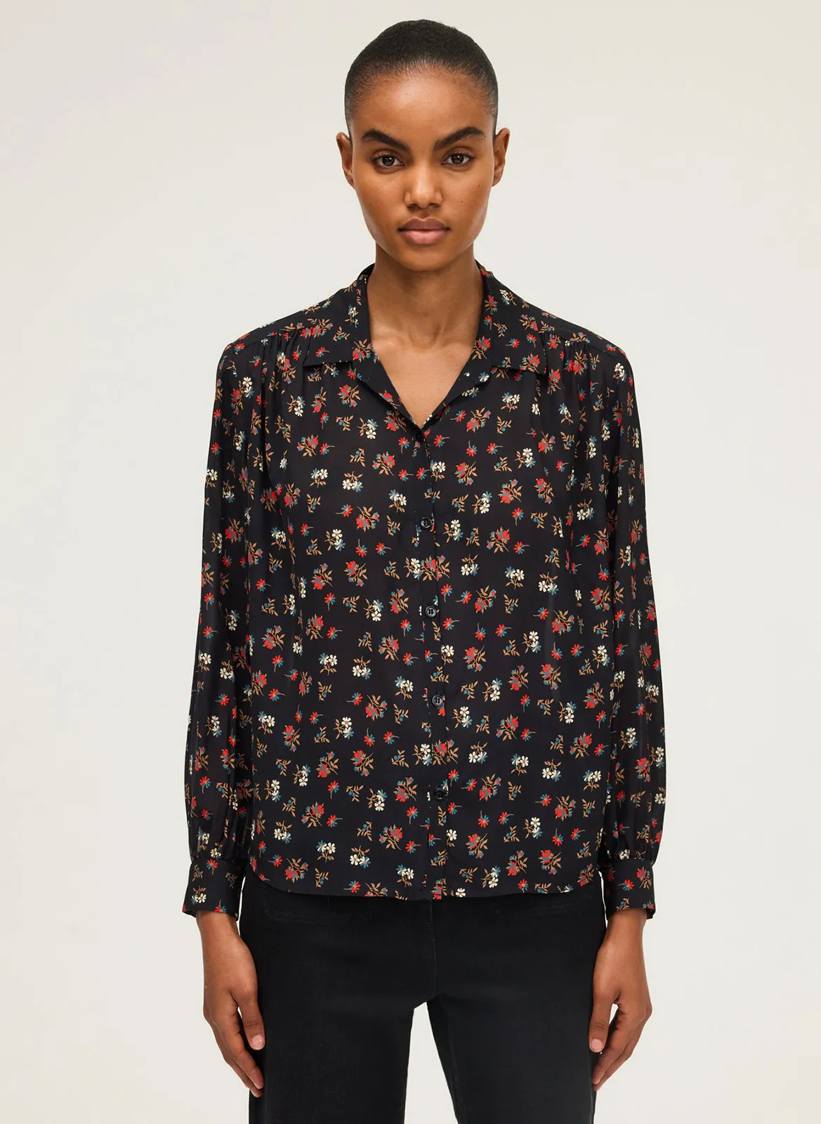 Chemise fluide fleurie manches longues Noir ABELLINE