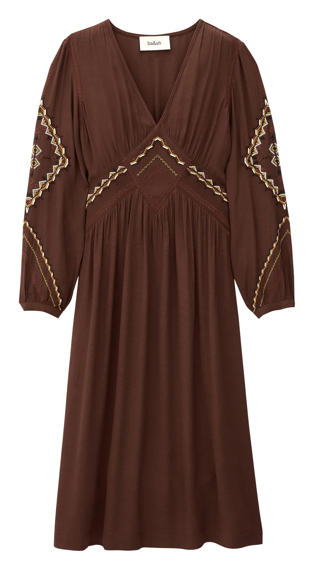 Robe midi col v à broderies Marron TANY