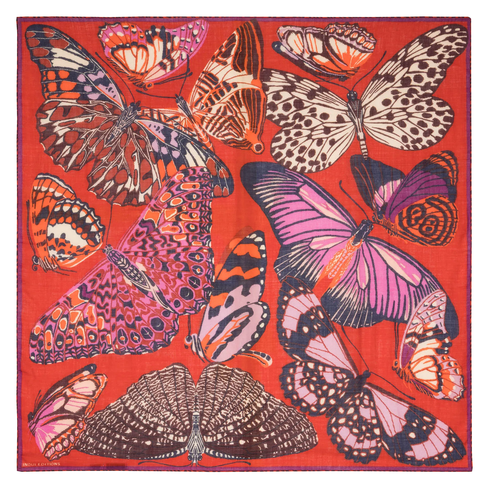 Echarpe fine carré imprimée en laine Rouge PAPILLONS