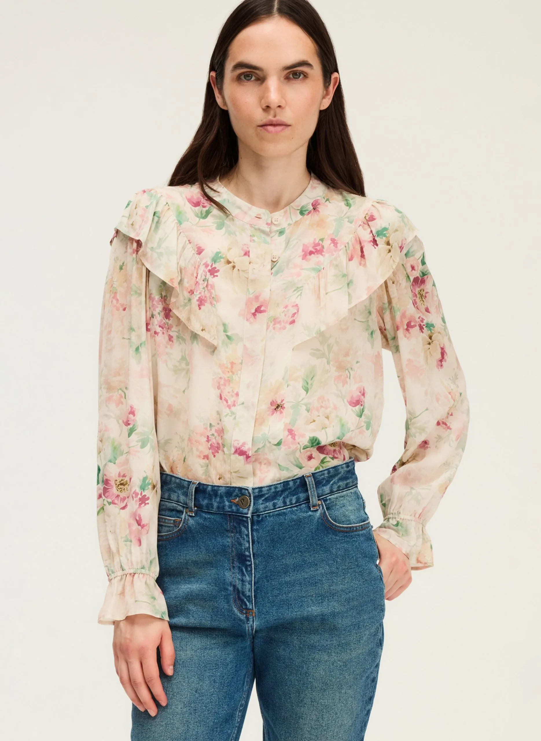 Chemise droite col mao fleuri Beige ARIE