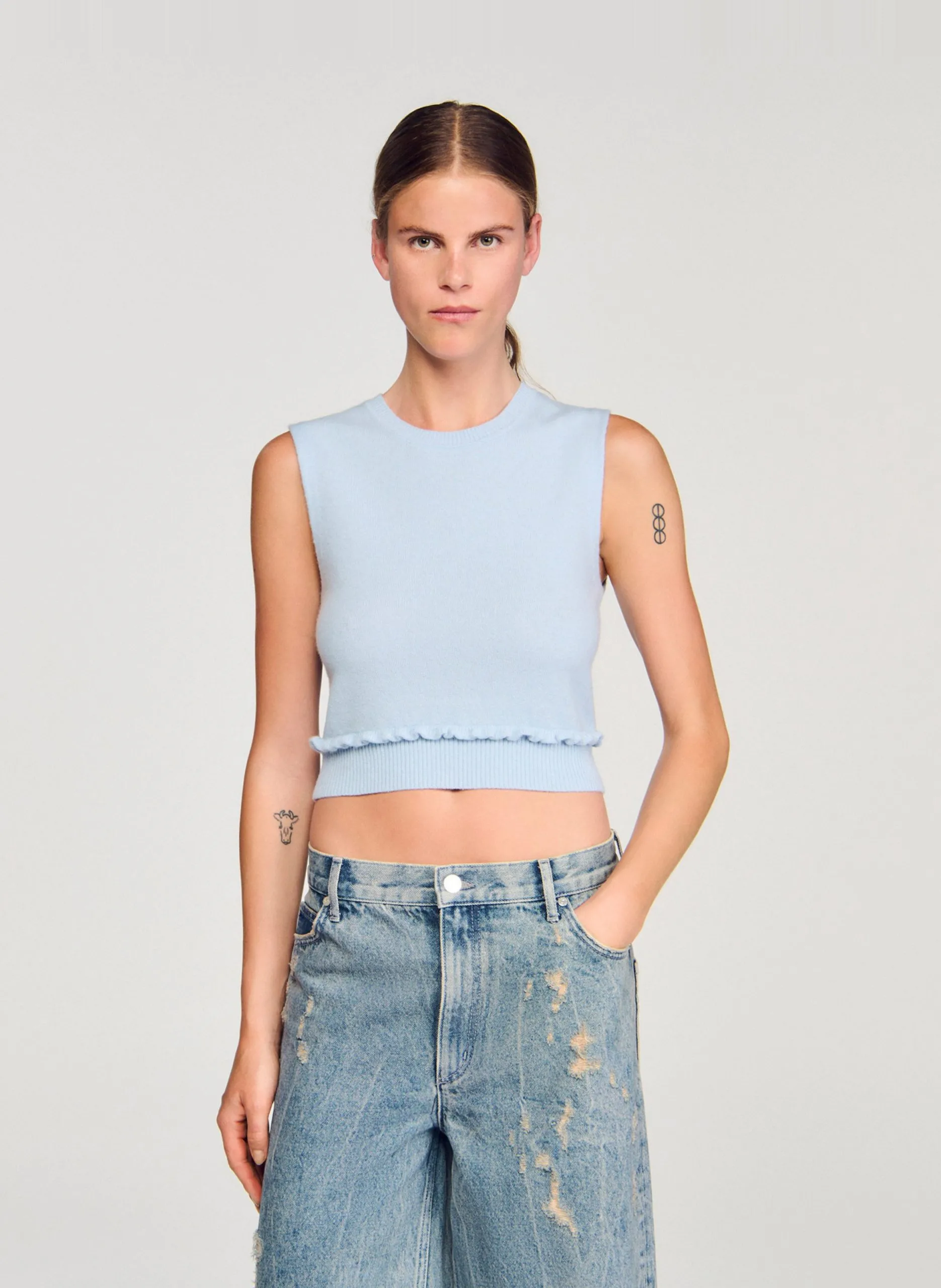 Top col rond en laine Bleu