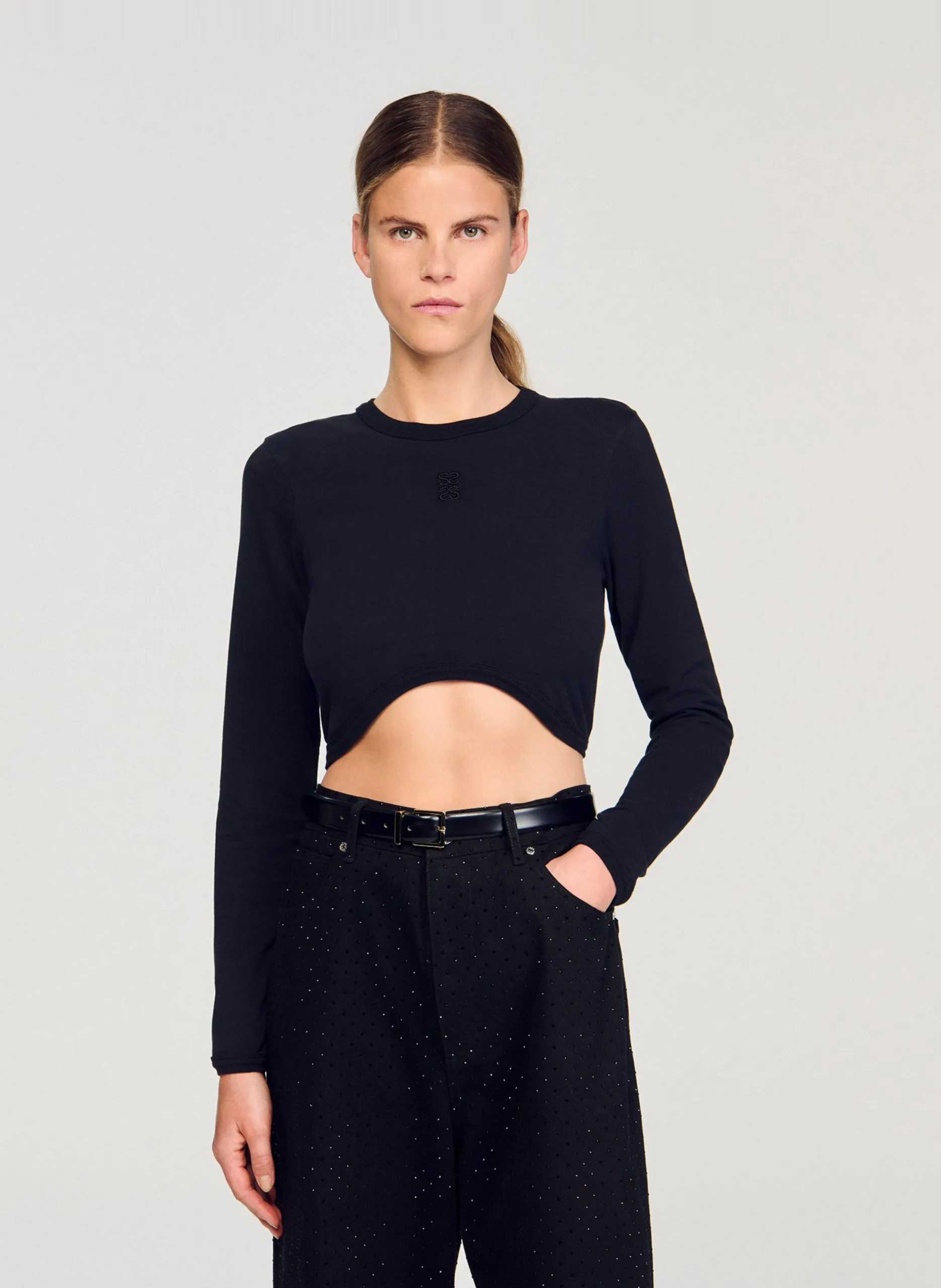 Pull col rond en coton mélangé Noir