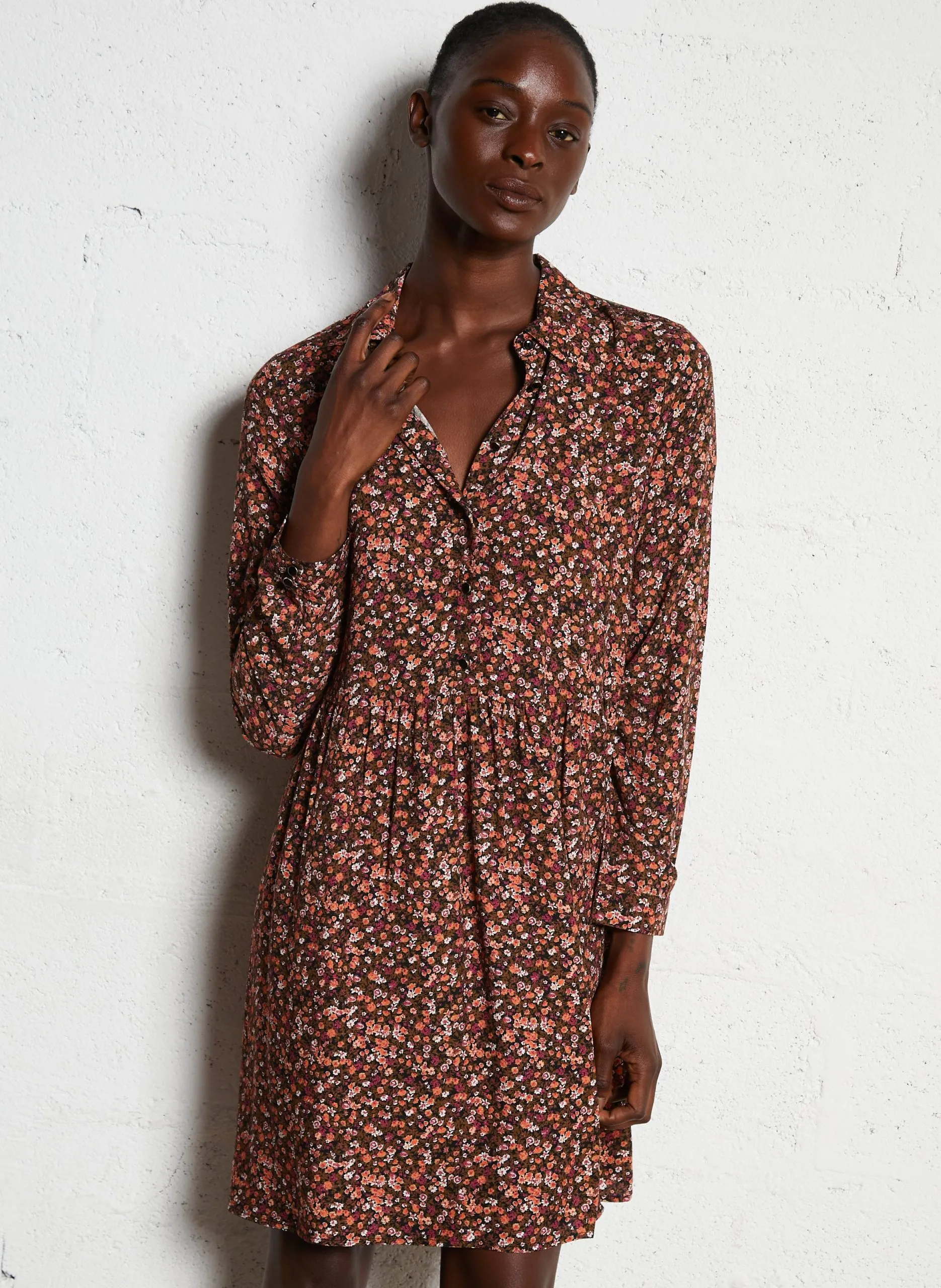 Robe courte col chemise à imprimé fleuri Rose ELINE