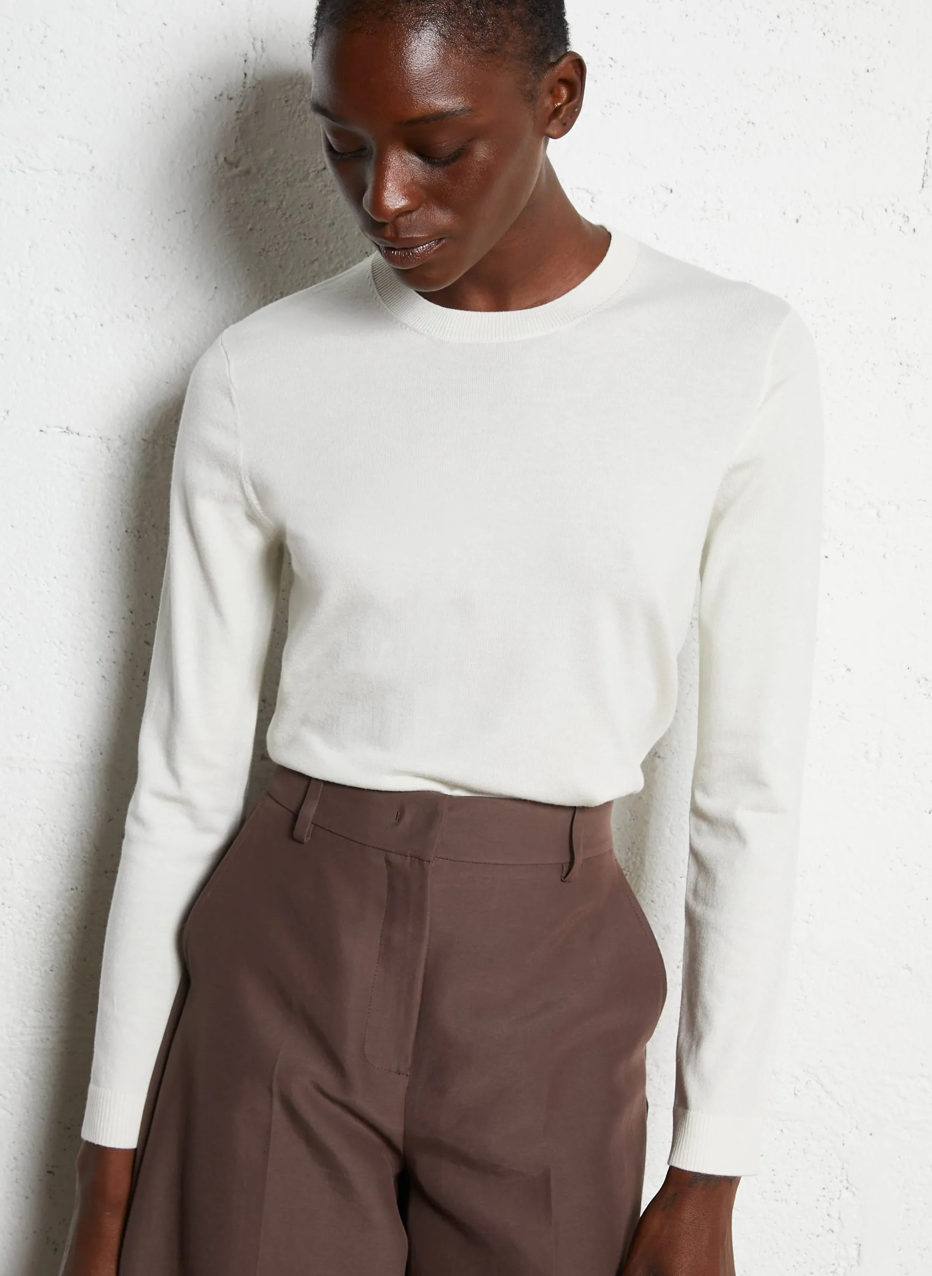 Pull droit col rond uni Beige SICILIA