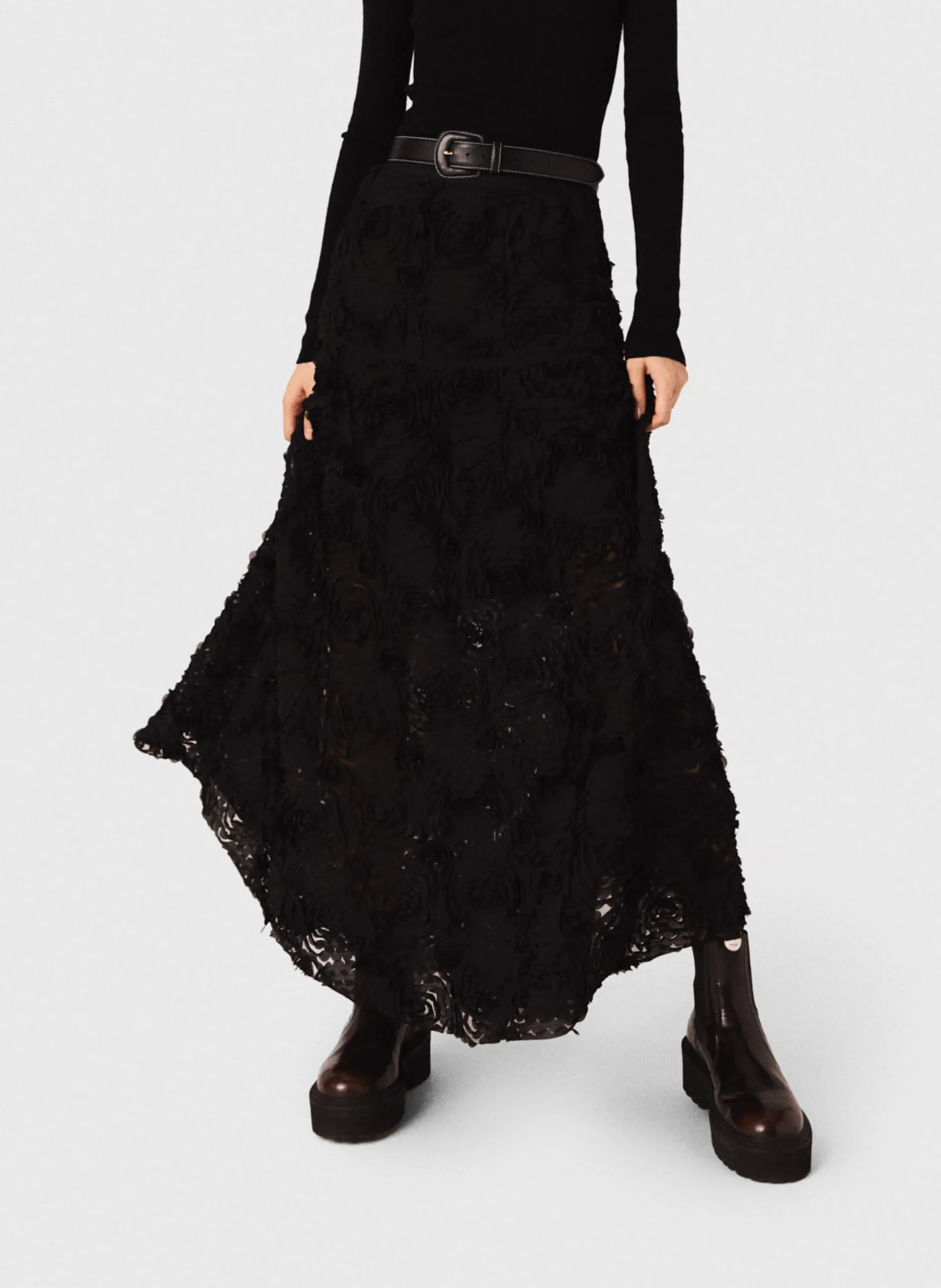 Jupe longue brodée Noir