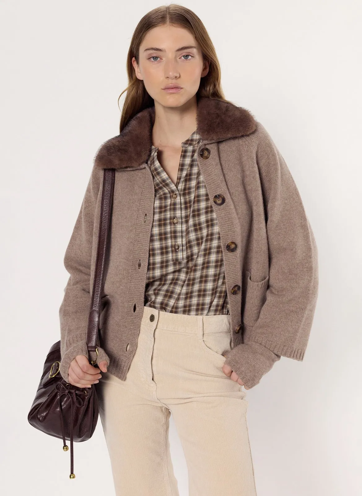 Gilet col effet fourrure en cachemire Beige ELENA