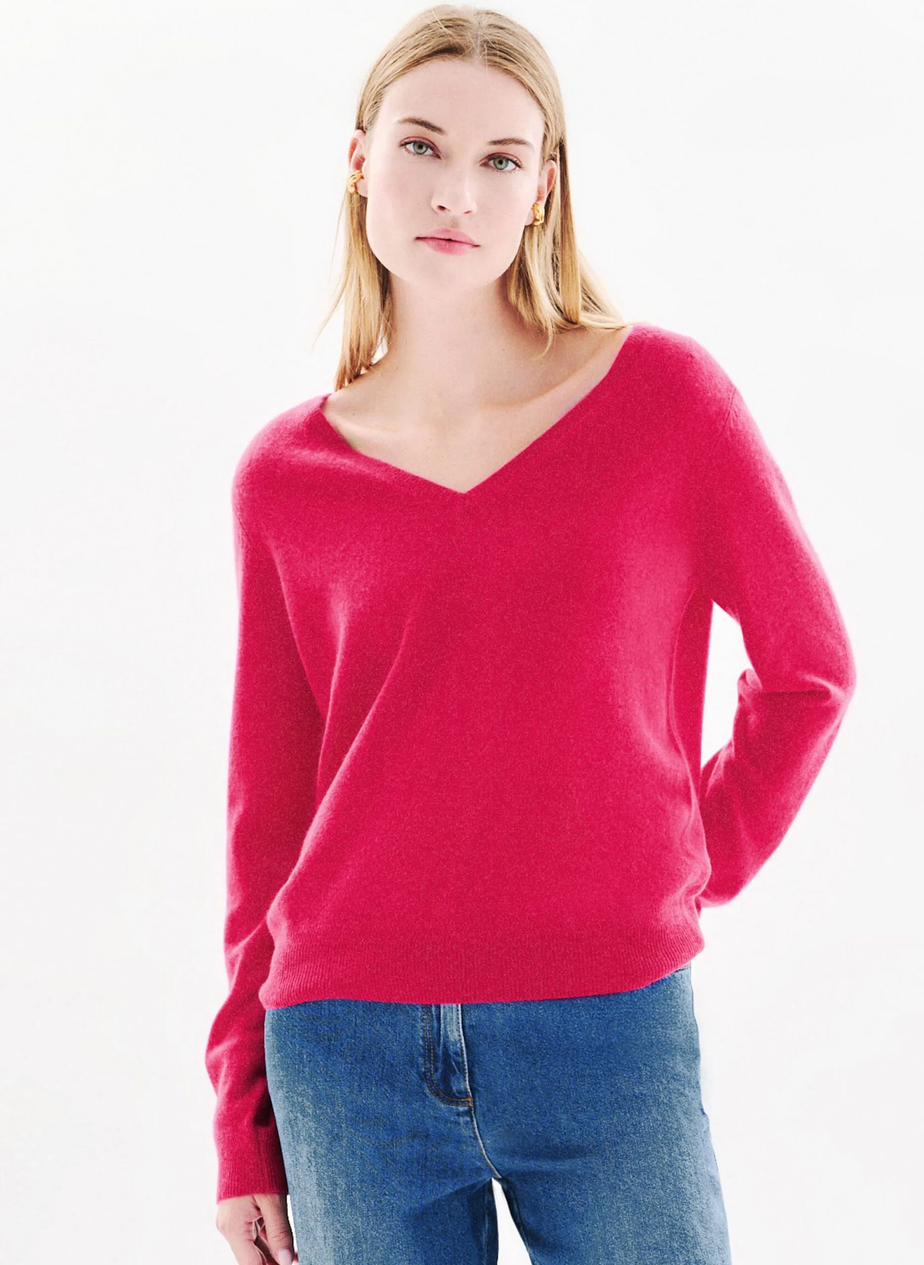Pull cintré col V en cachemire Rose MARIANNE2