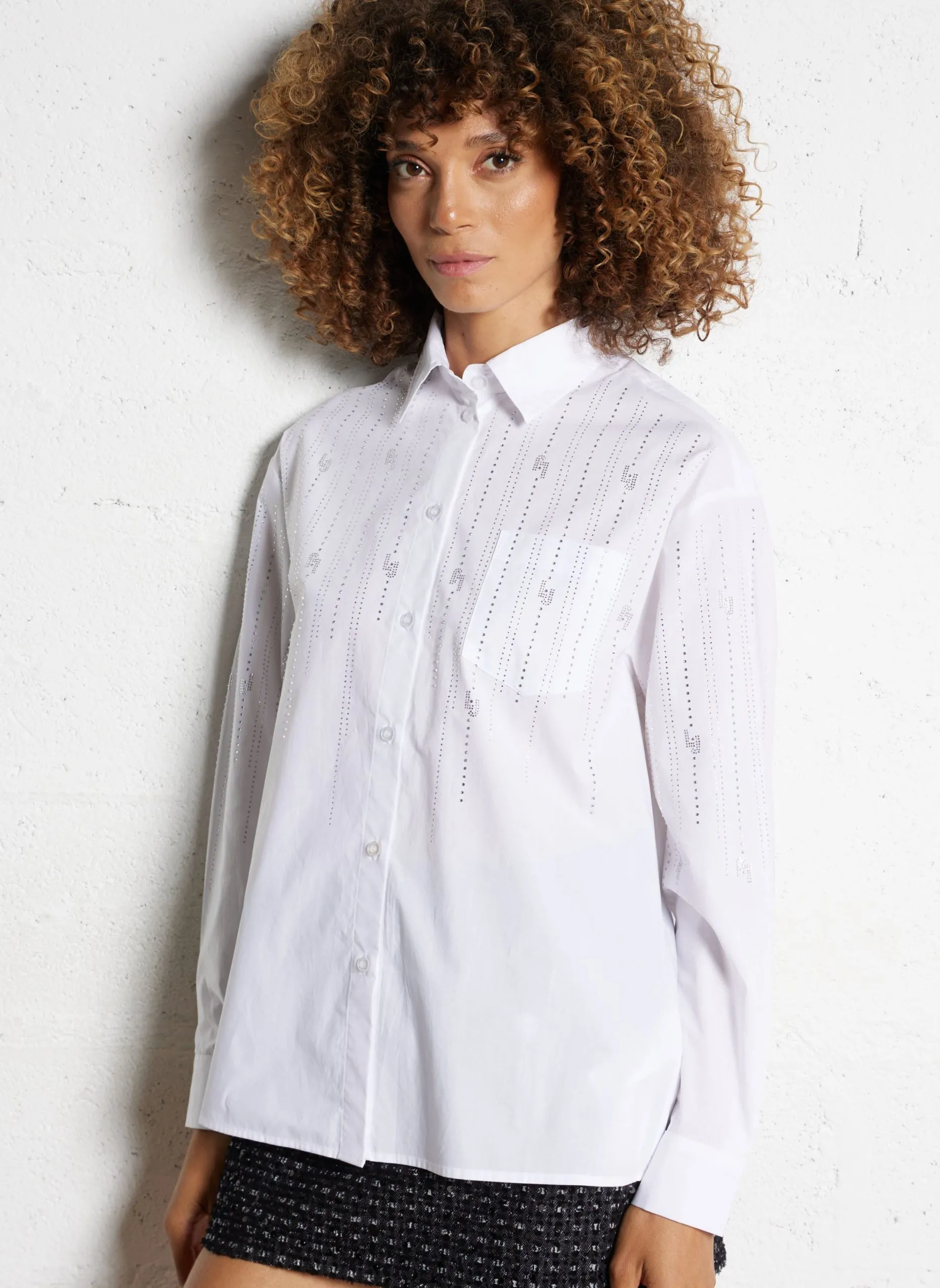Chemise oversize en coton à strass Blanc