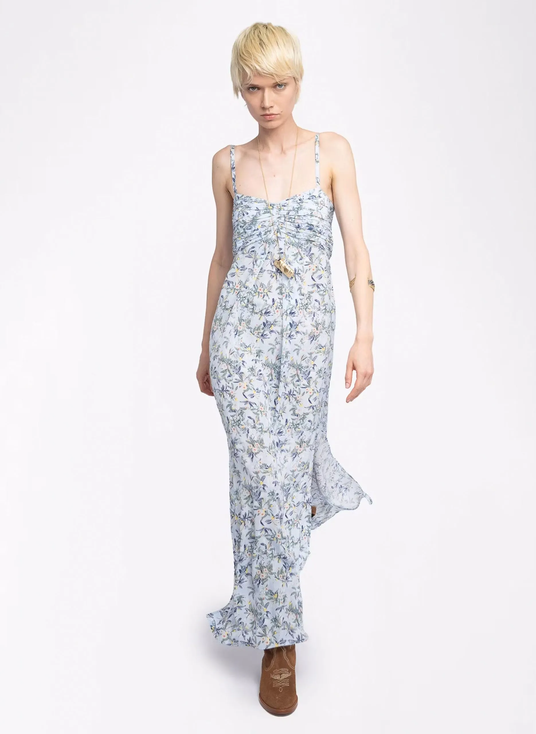 Robe longue droite fleurie à fente Bleu RIPPIE