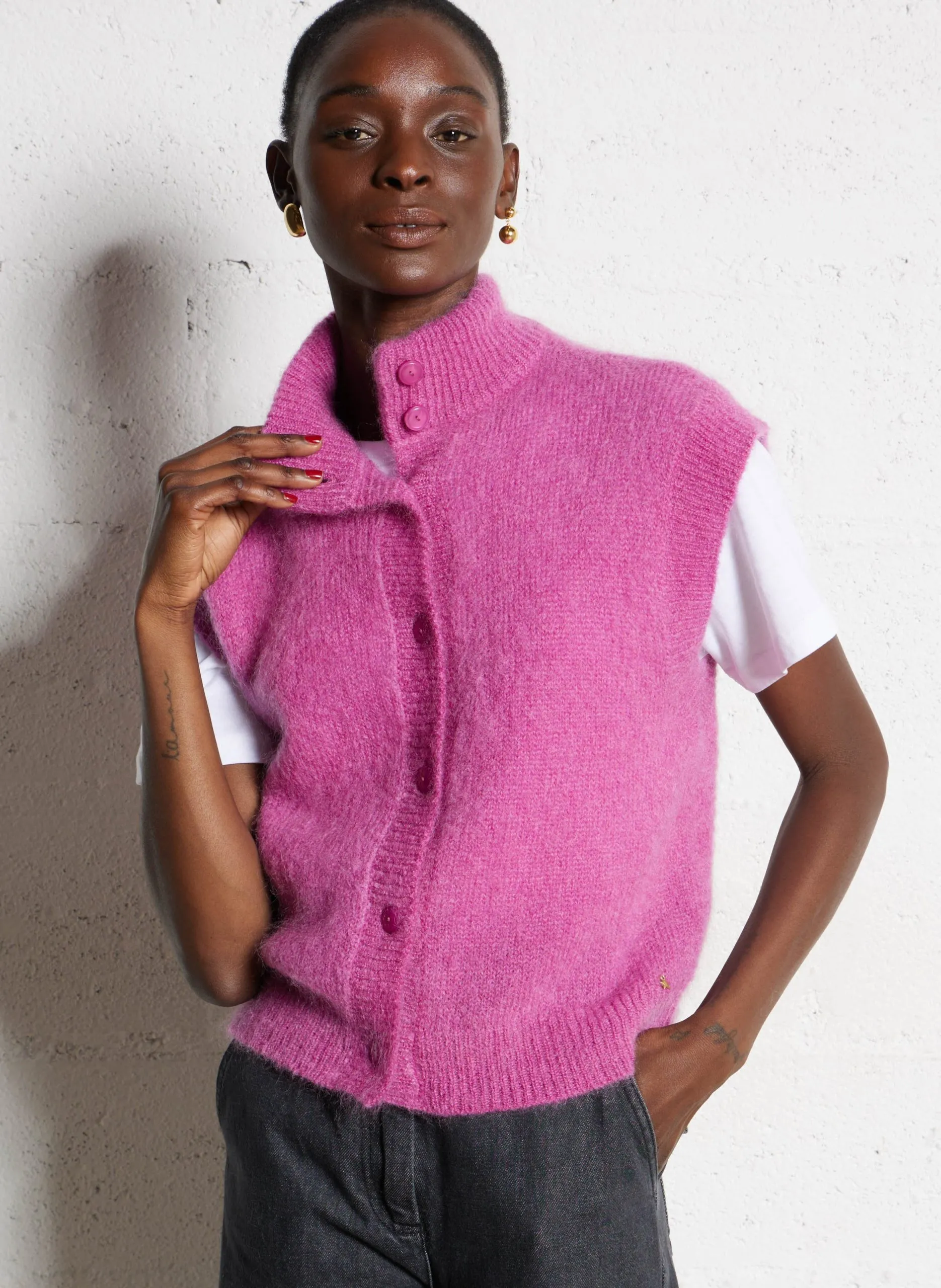 Gilet col montant en laine mélangée Rose ALIBOU