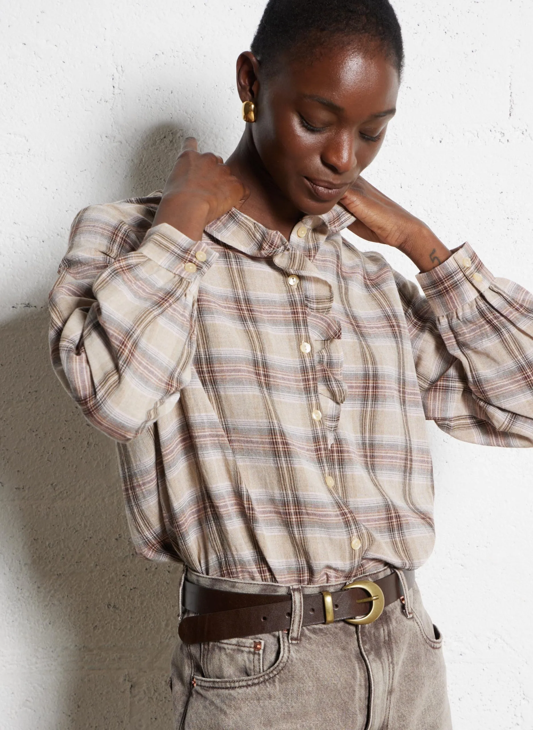 Chemise col victorien à carreaux Beige TESSA