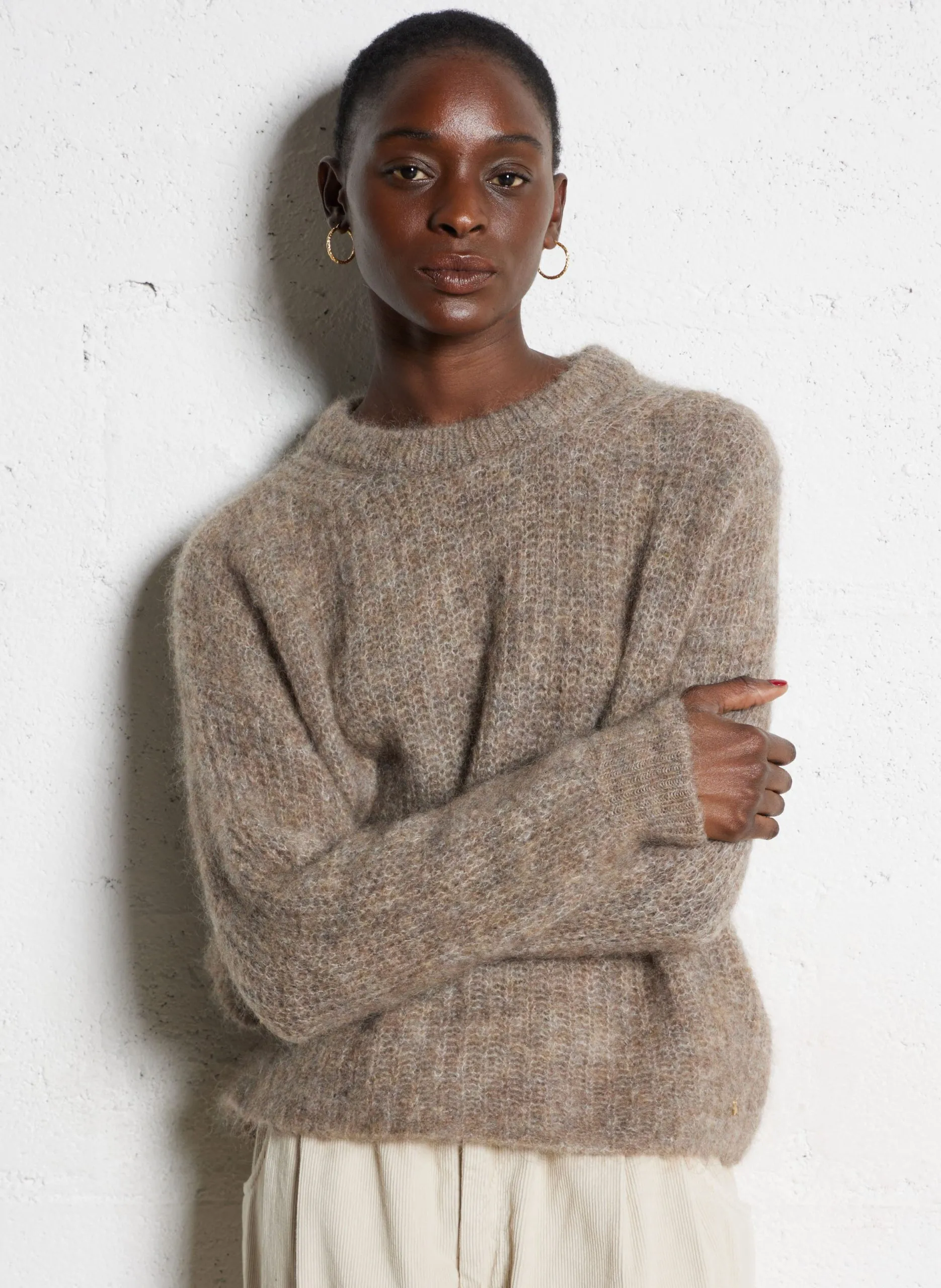 Pull col rond uni en laine mélangée Beige BURMA