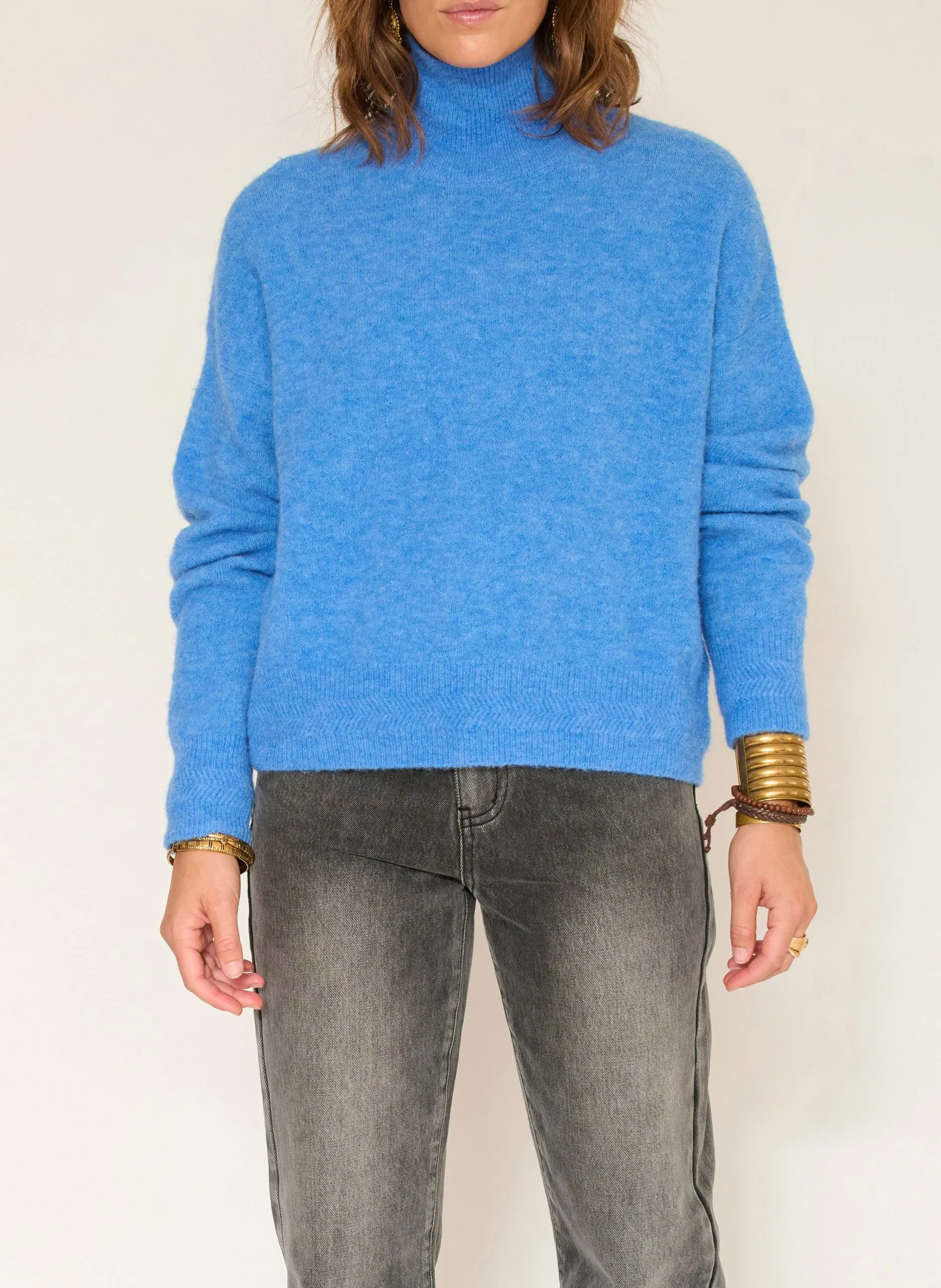 Pull ample col montant en laine mélangée Bleu KADRA