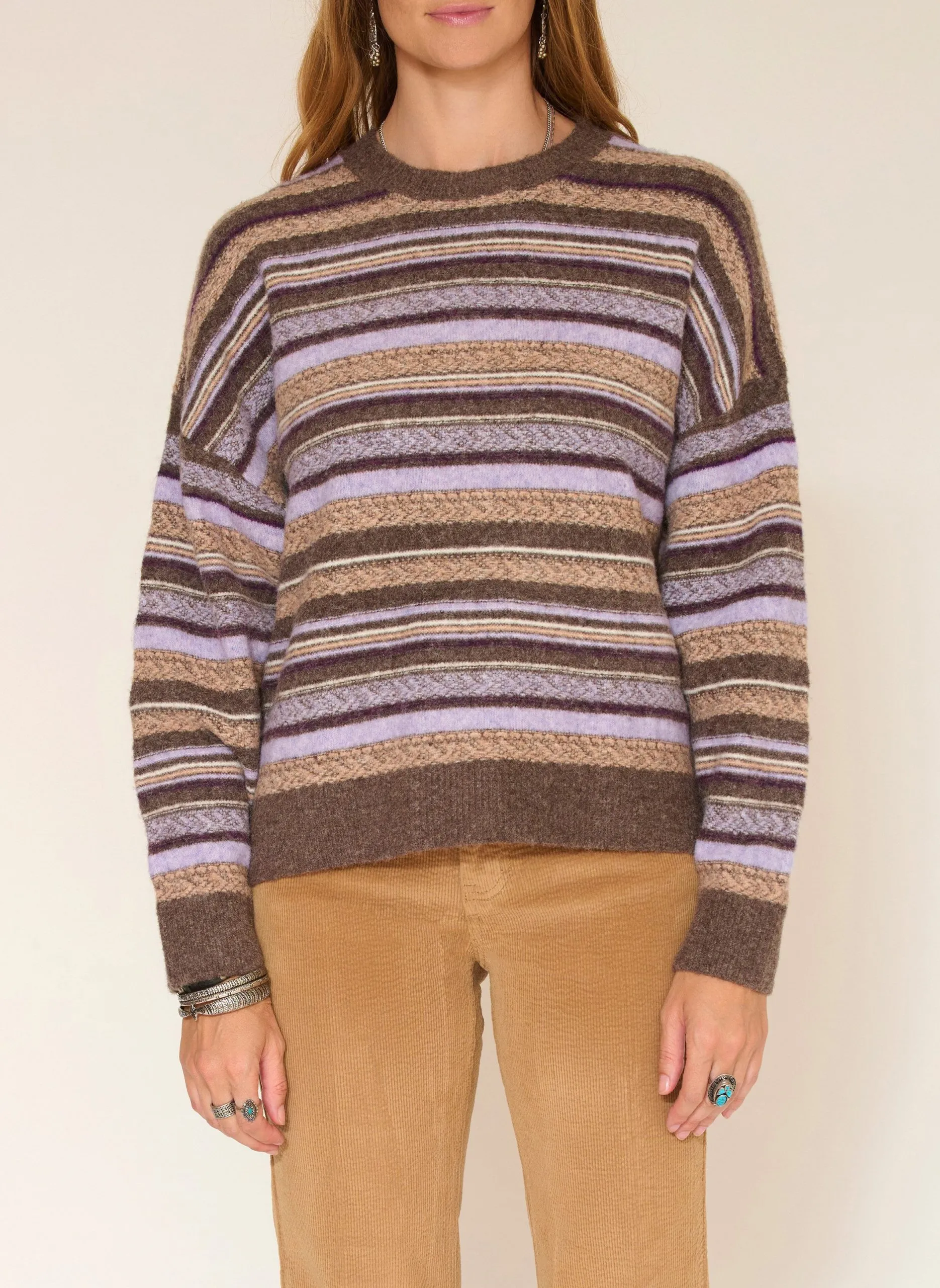 Pull ample col rond rayé en laine mélangée Marron KYARA