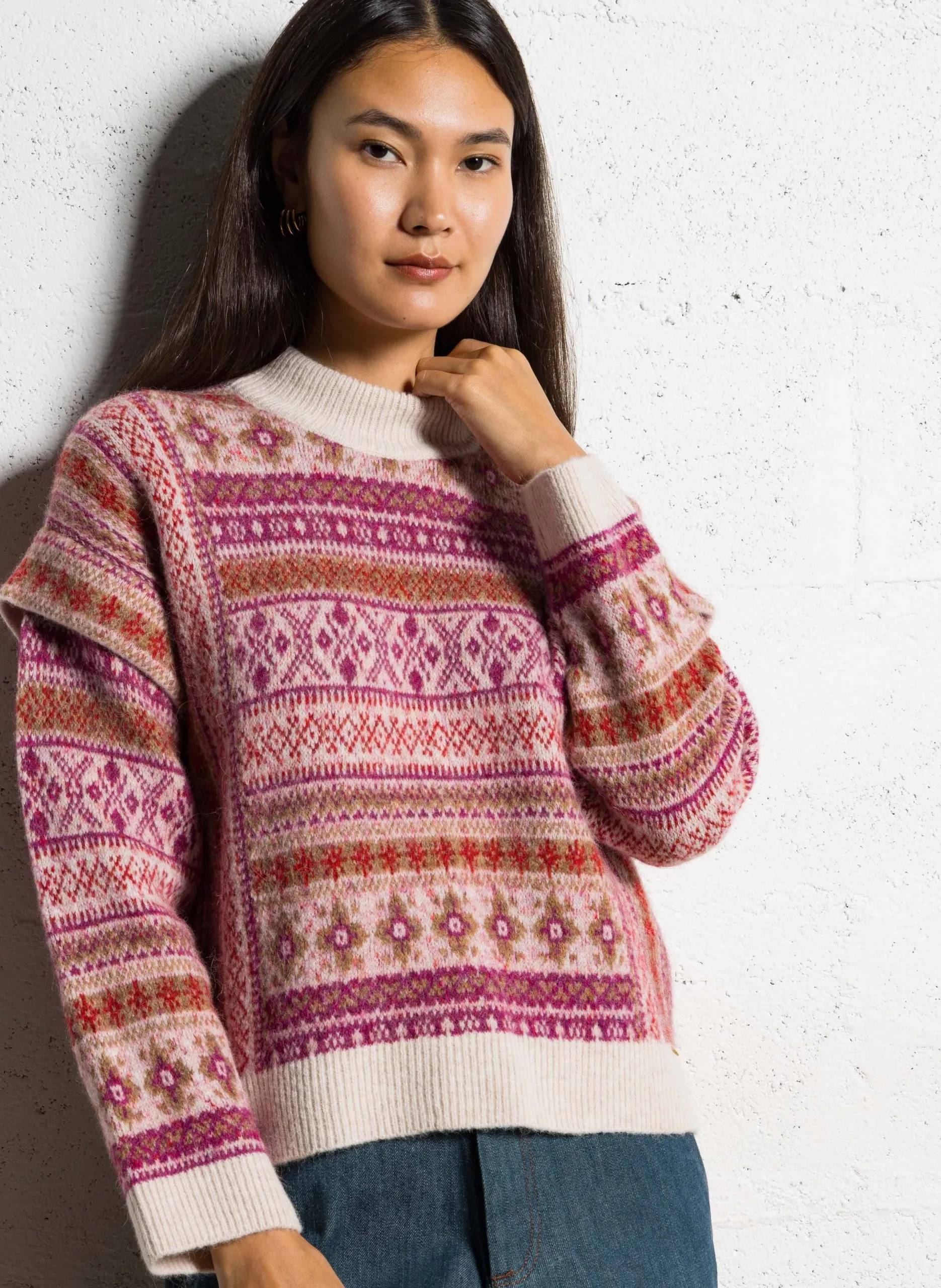 Pull col rond imprimé Rose COCO