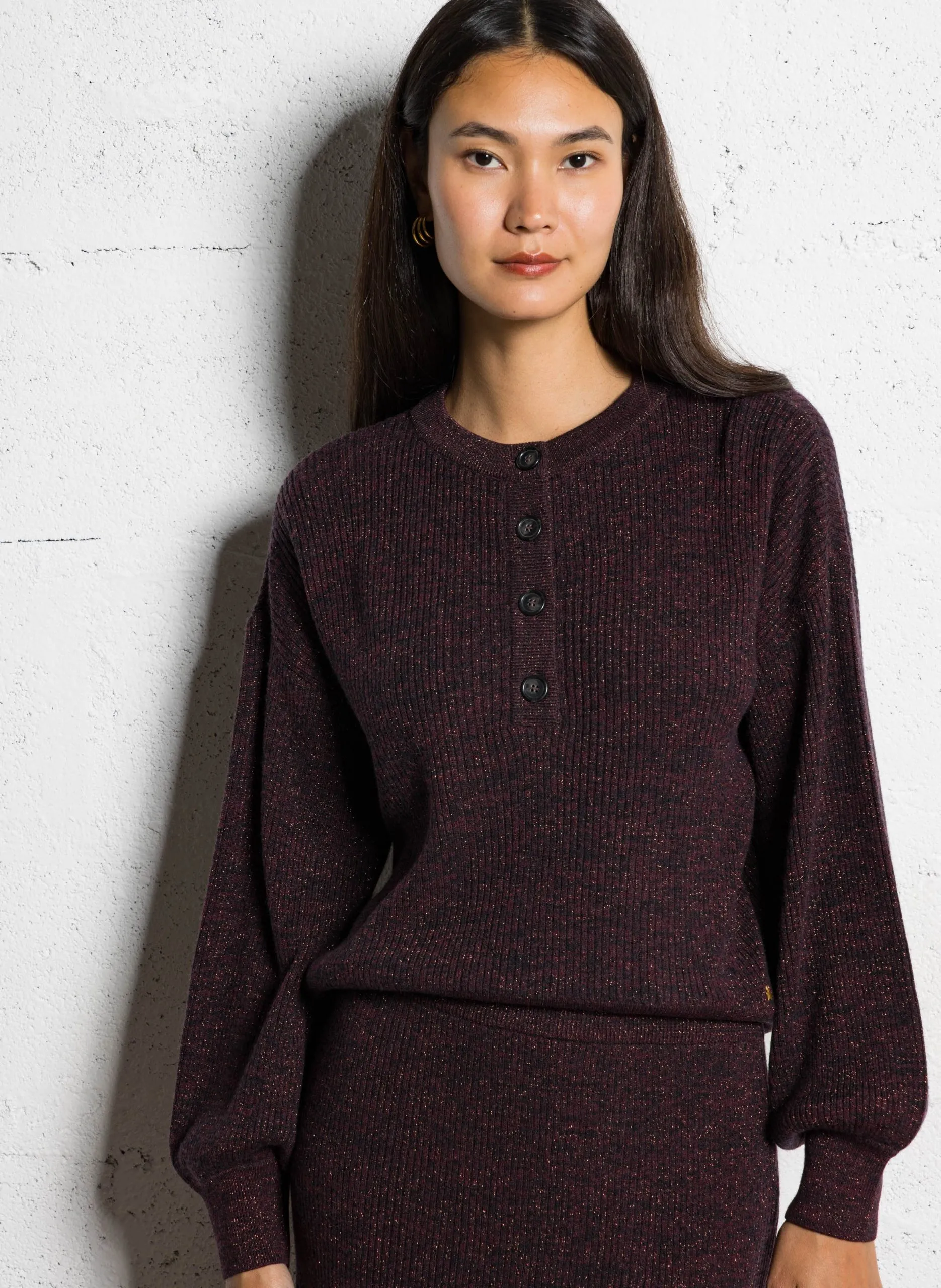 Pull droit pailleté en maille côtes Bleu BRUNON