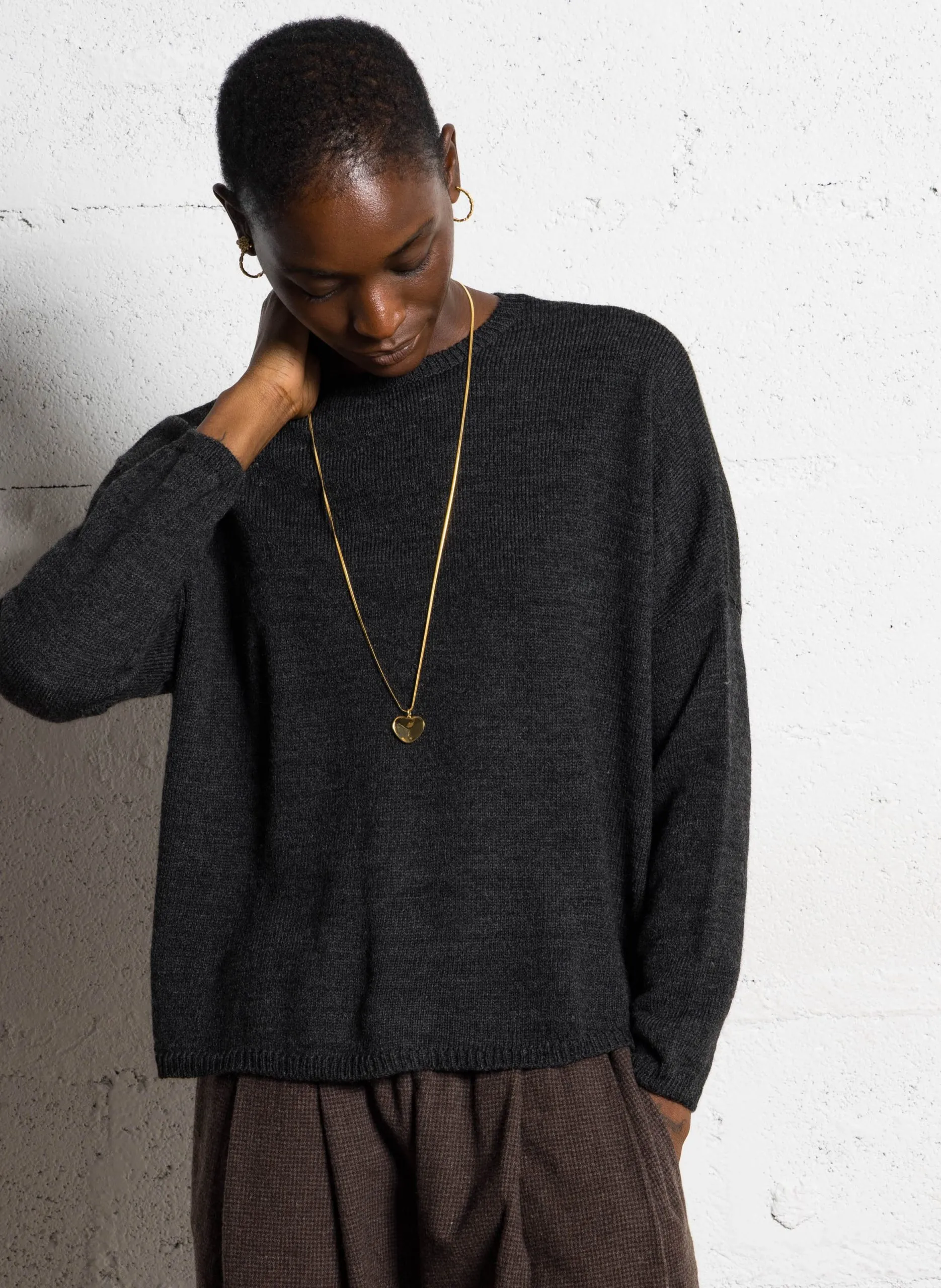 Pull oversize col rond en alpaga mélangé Noir GRENVILLE