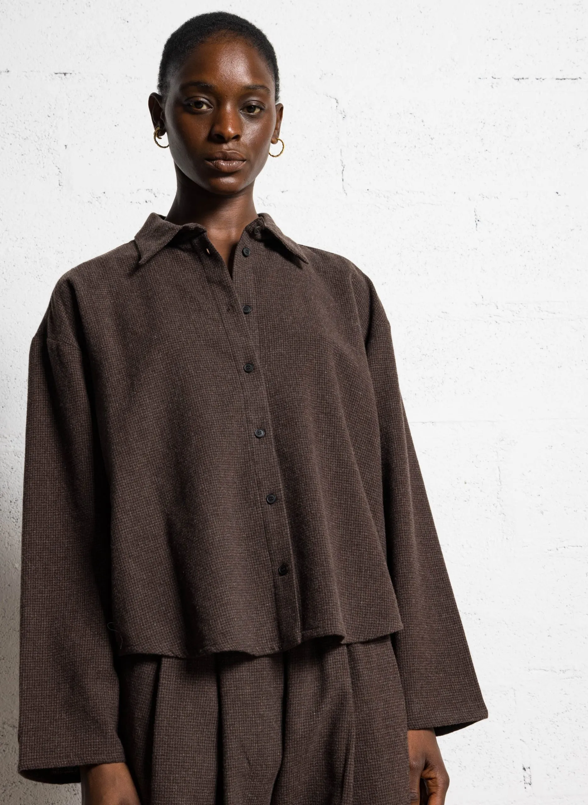 Chemise oversize col classique à carreaux en laine mélangée Marron LEGRIS