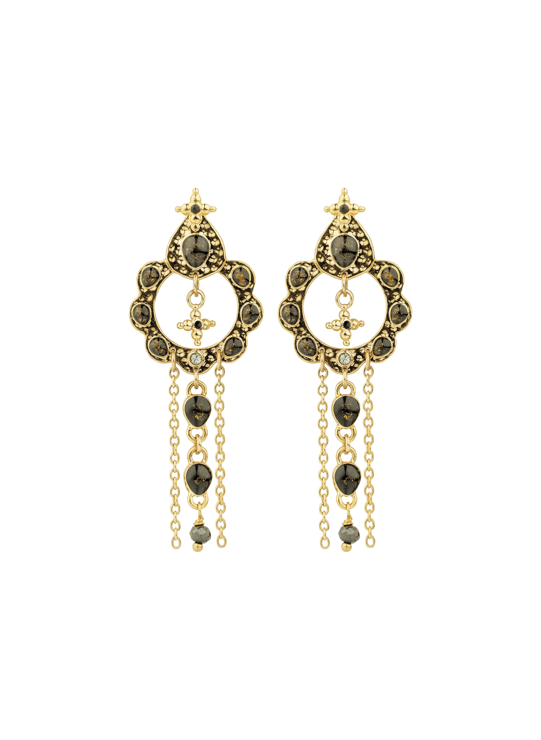 Boucles d'oreilles pendantes avec émail et cascade de chaînes Noir ADRYA