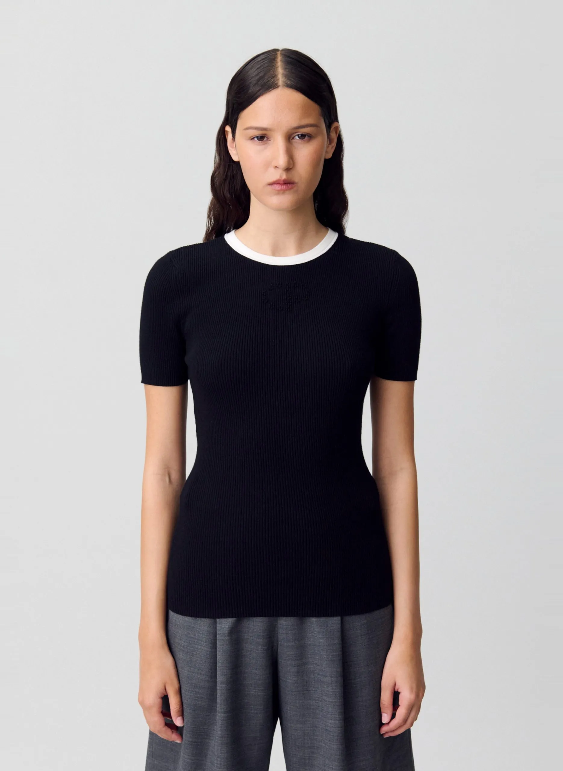 Tee-shirt droit côtelé à bord contrasté Noir MANAPHY