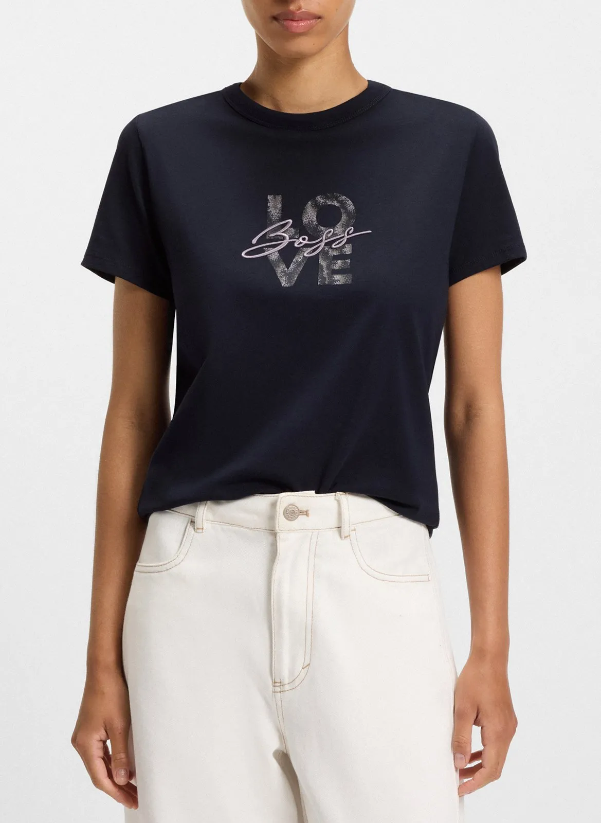 Tee-shirt droit uni à détail brodé Bleu