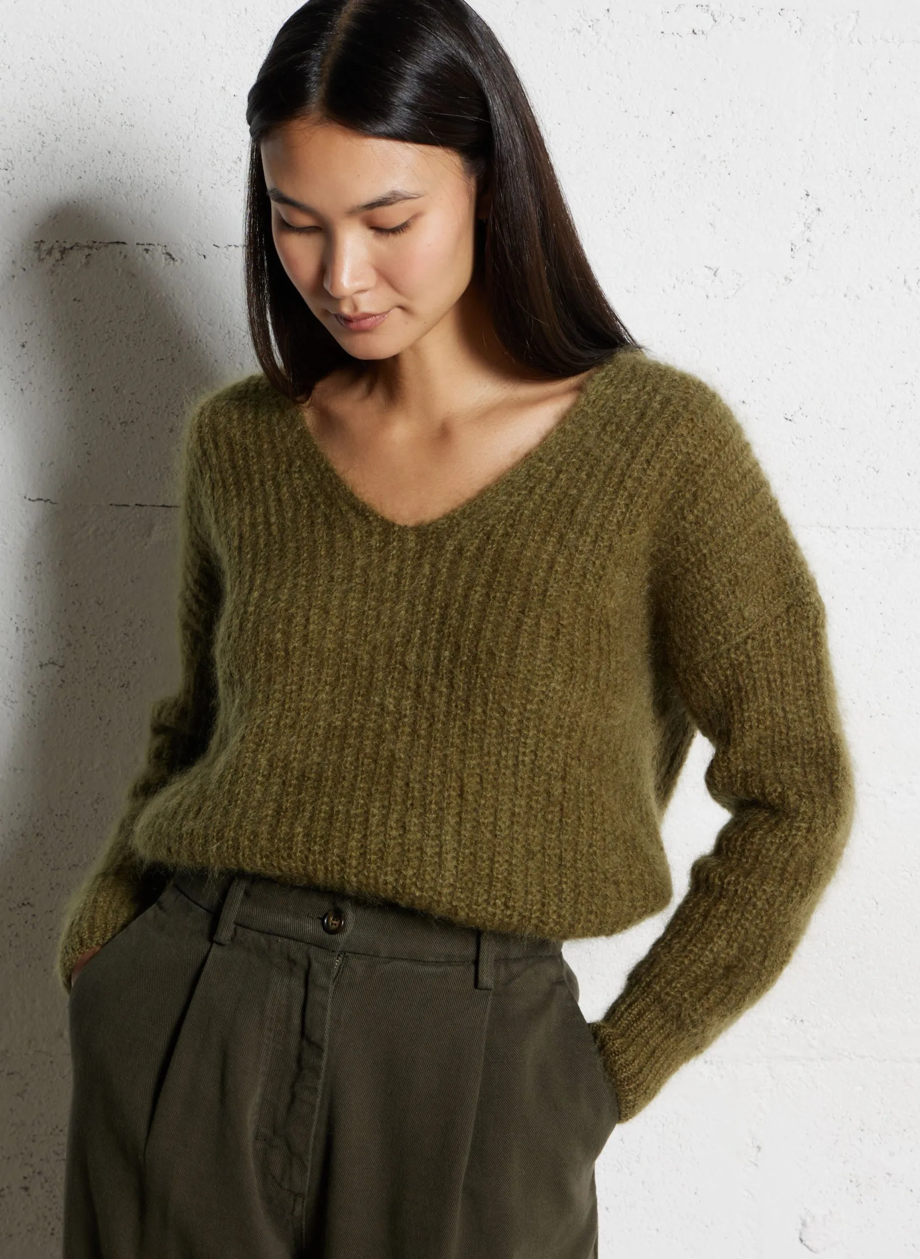 Pull col V en laine mélangée Vert CHARLIE