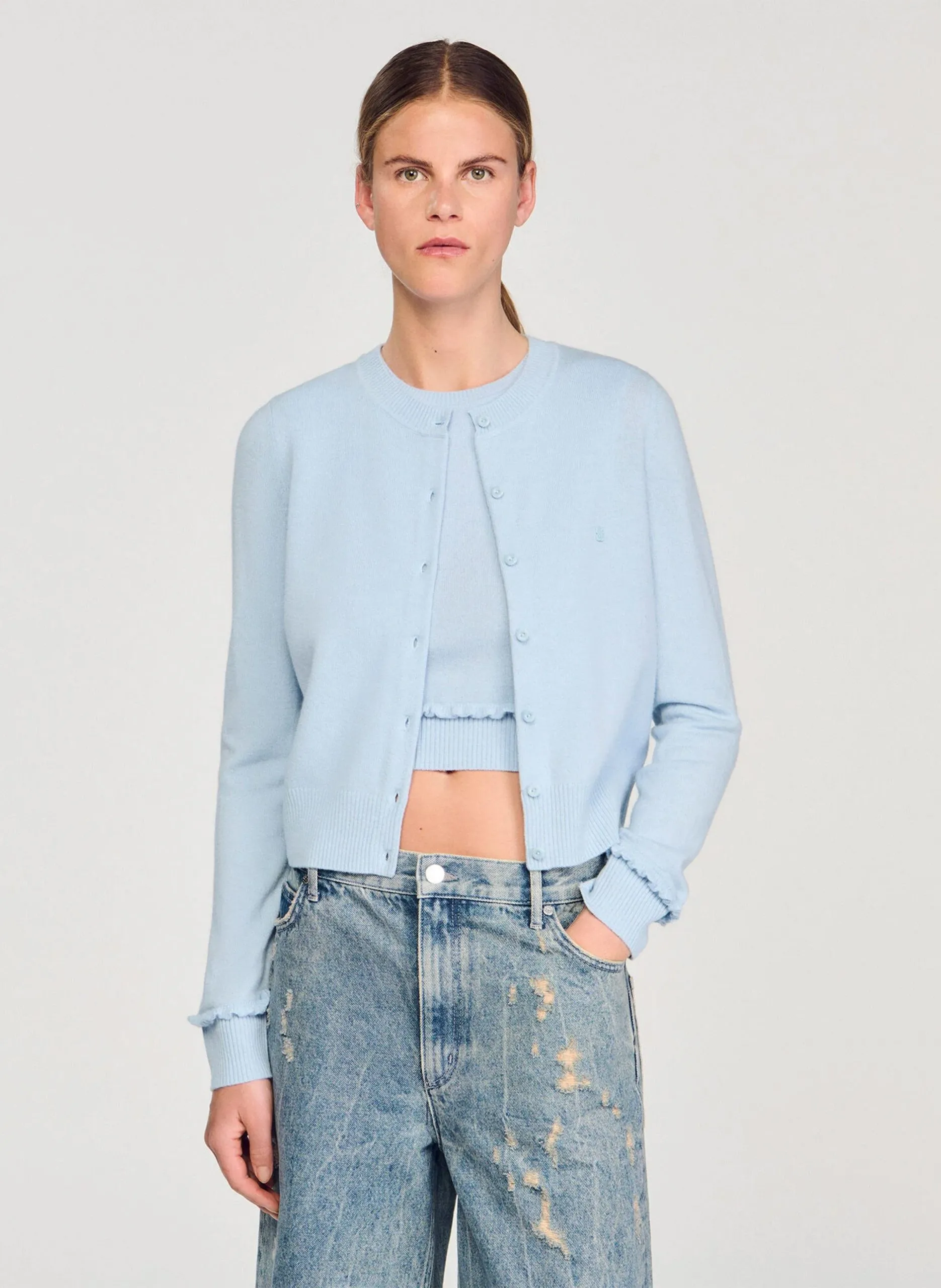 Gilet col rond en laine et en cachemire mélangés Bleu