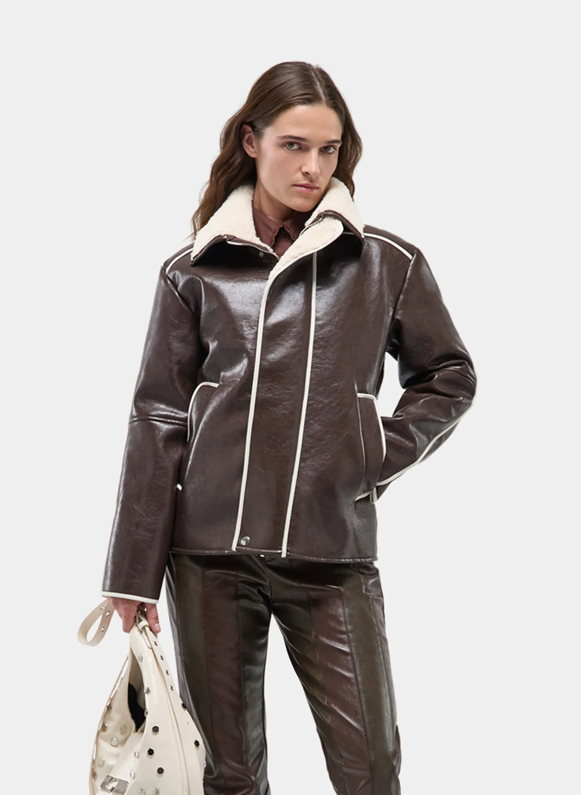 Manteau droit à col teddy Marron NORA