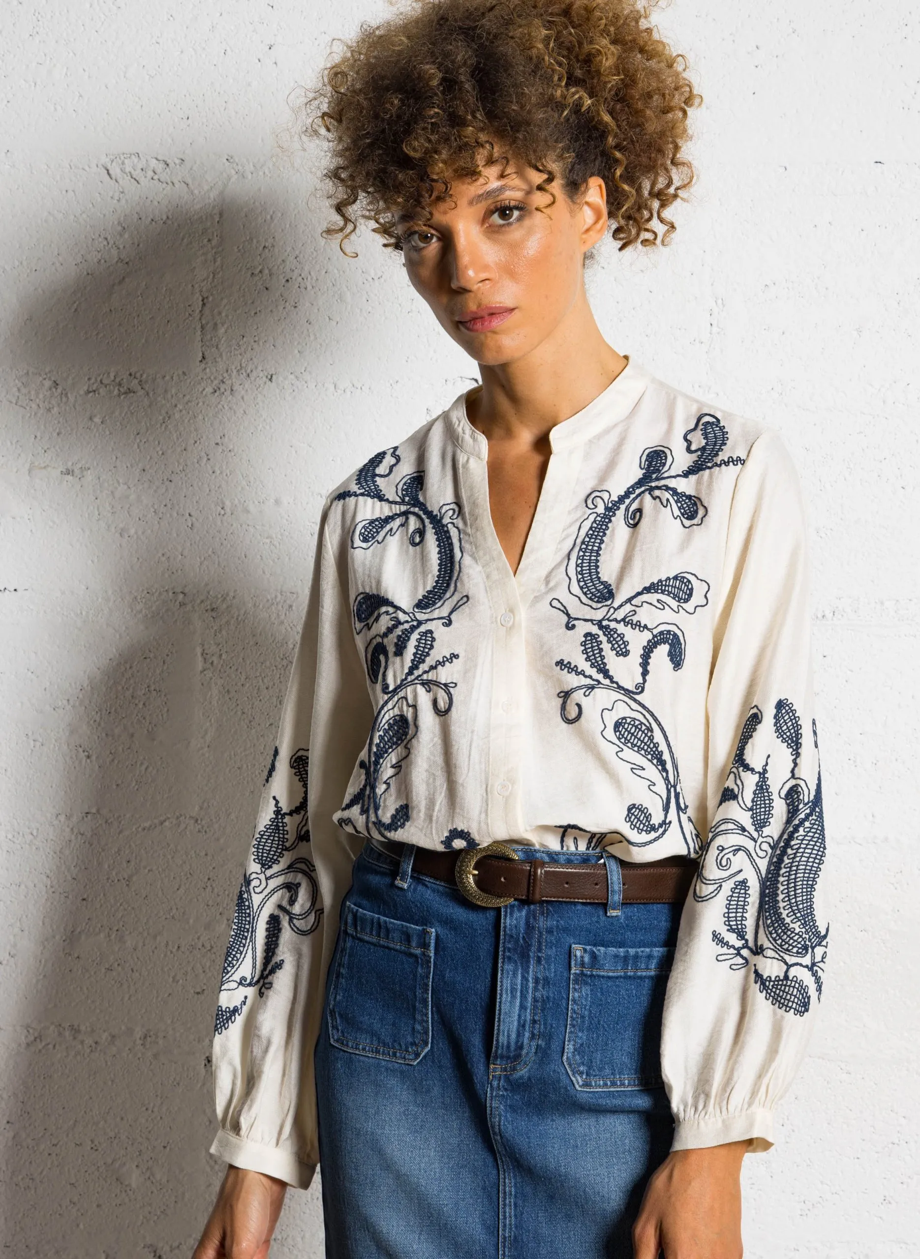 Chemise oversize col tunisien en coton mélangé Beige BEYTA