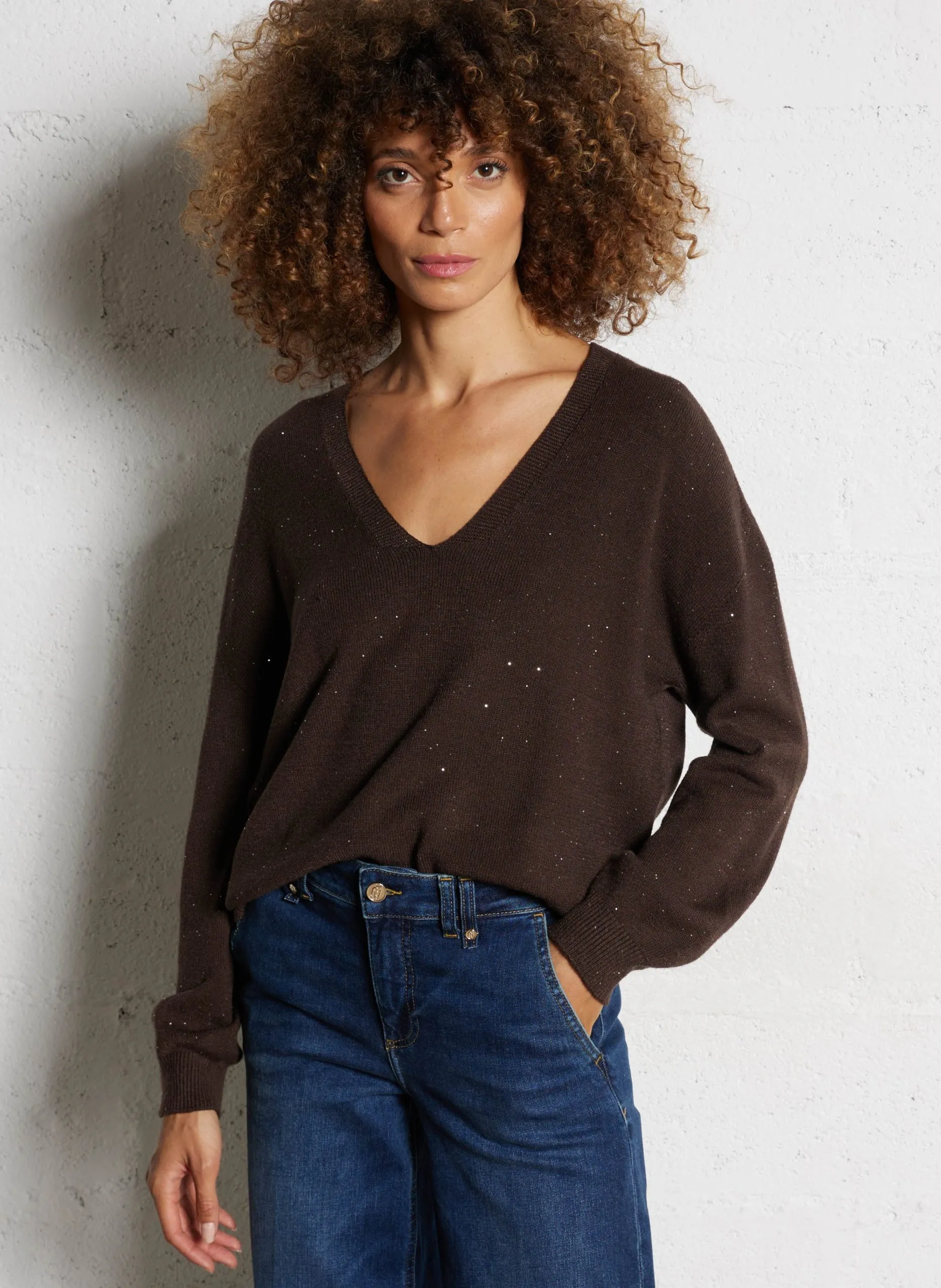 Pull oversize col V Marron