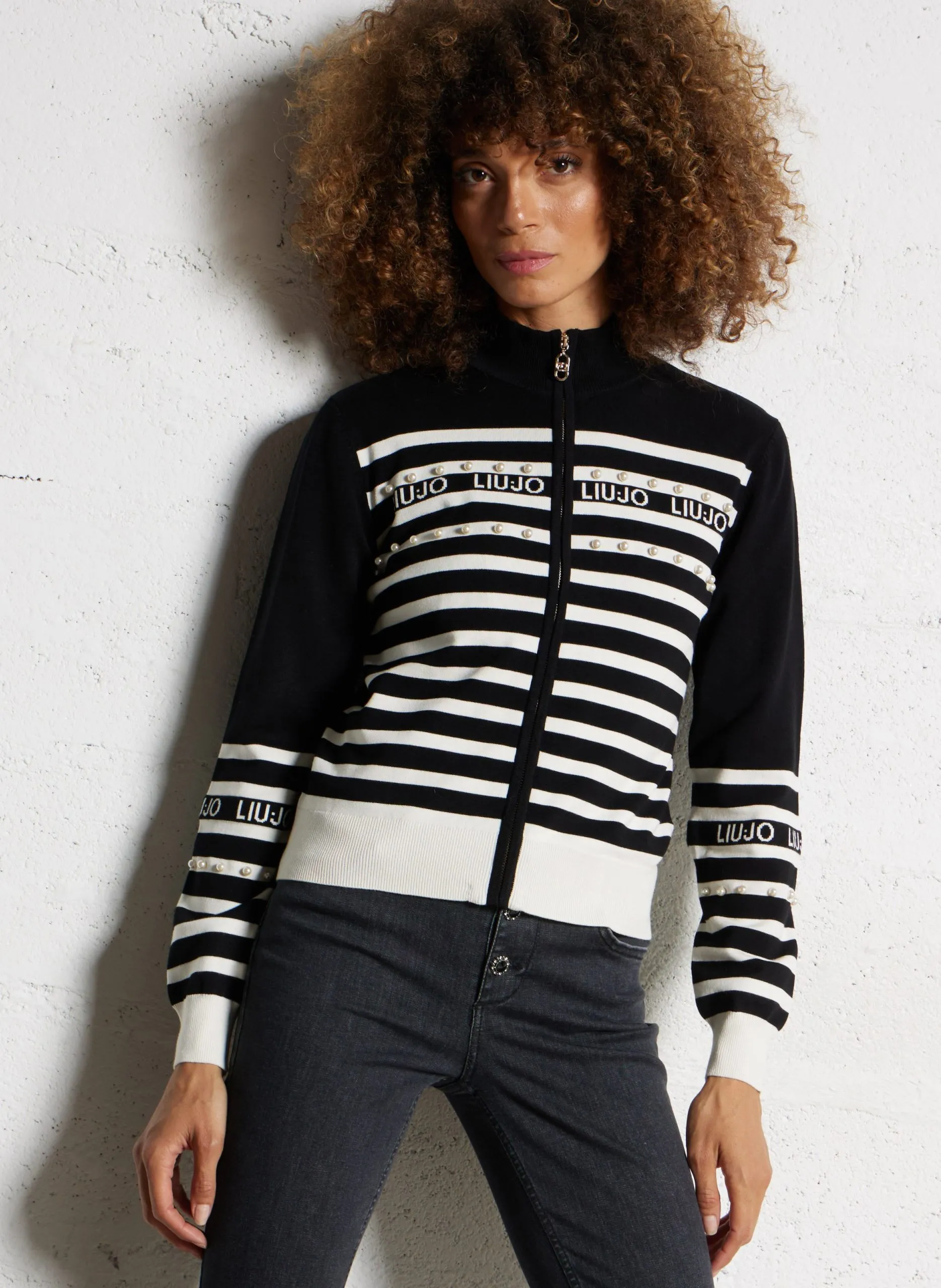 Gilet col montant rayé Noir