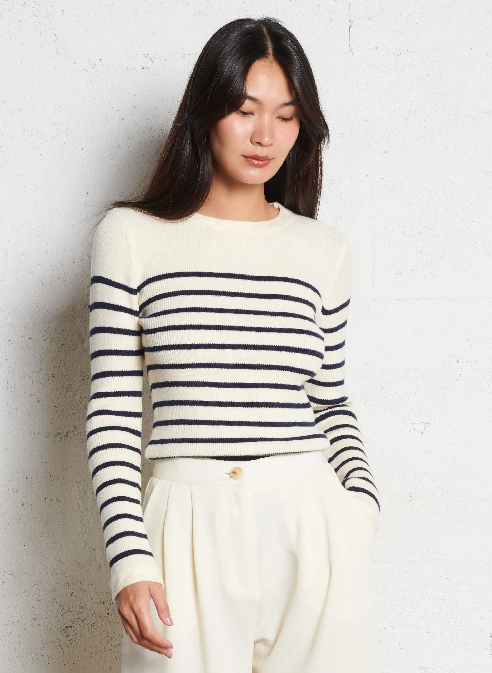 Pull col rond rayé Beige MANEL