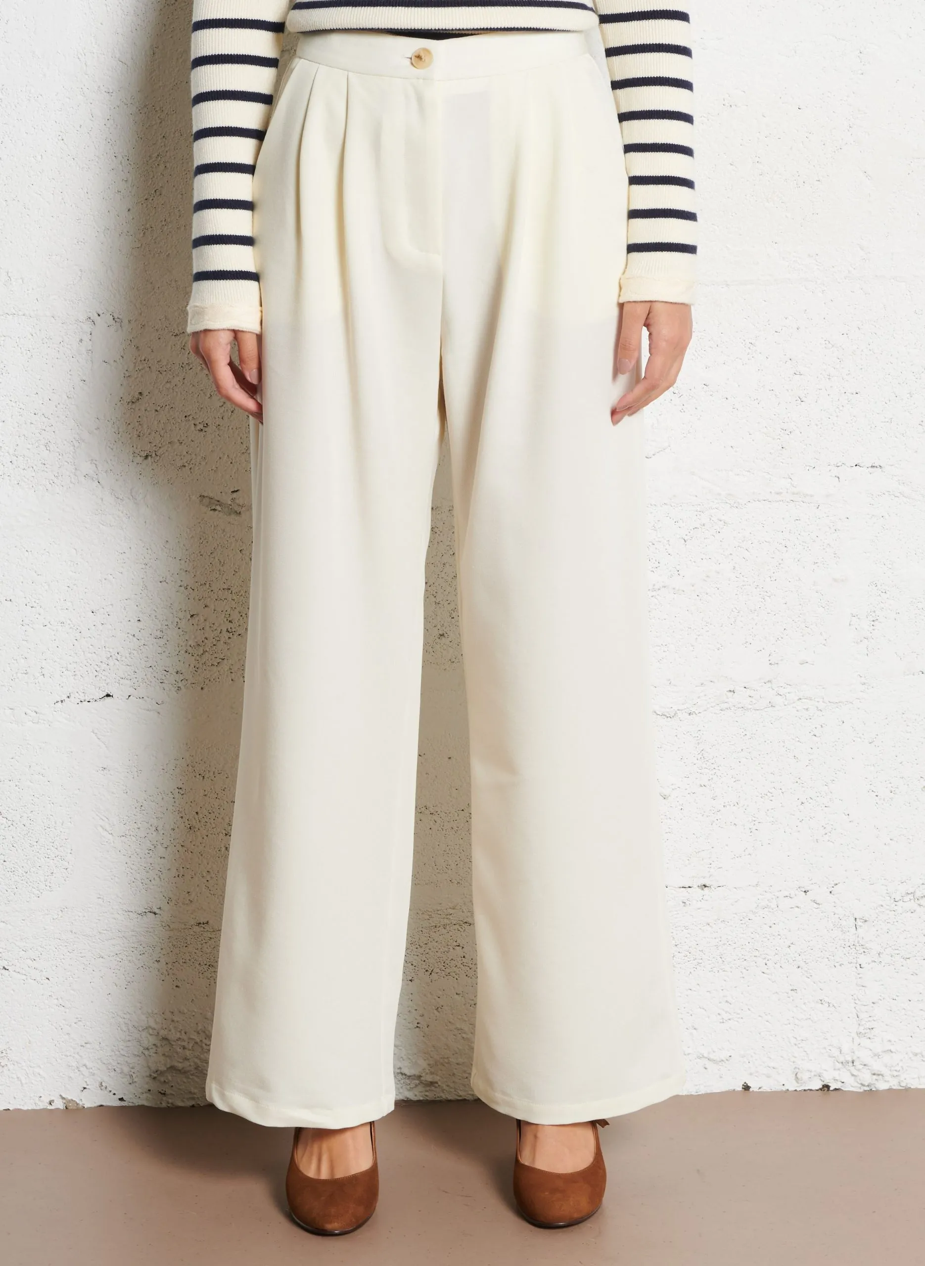 Pantalon large taille haute à pinces Beige PAOLINE