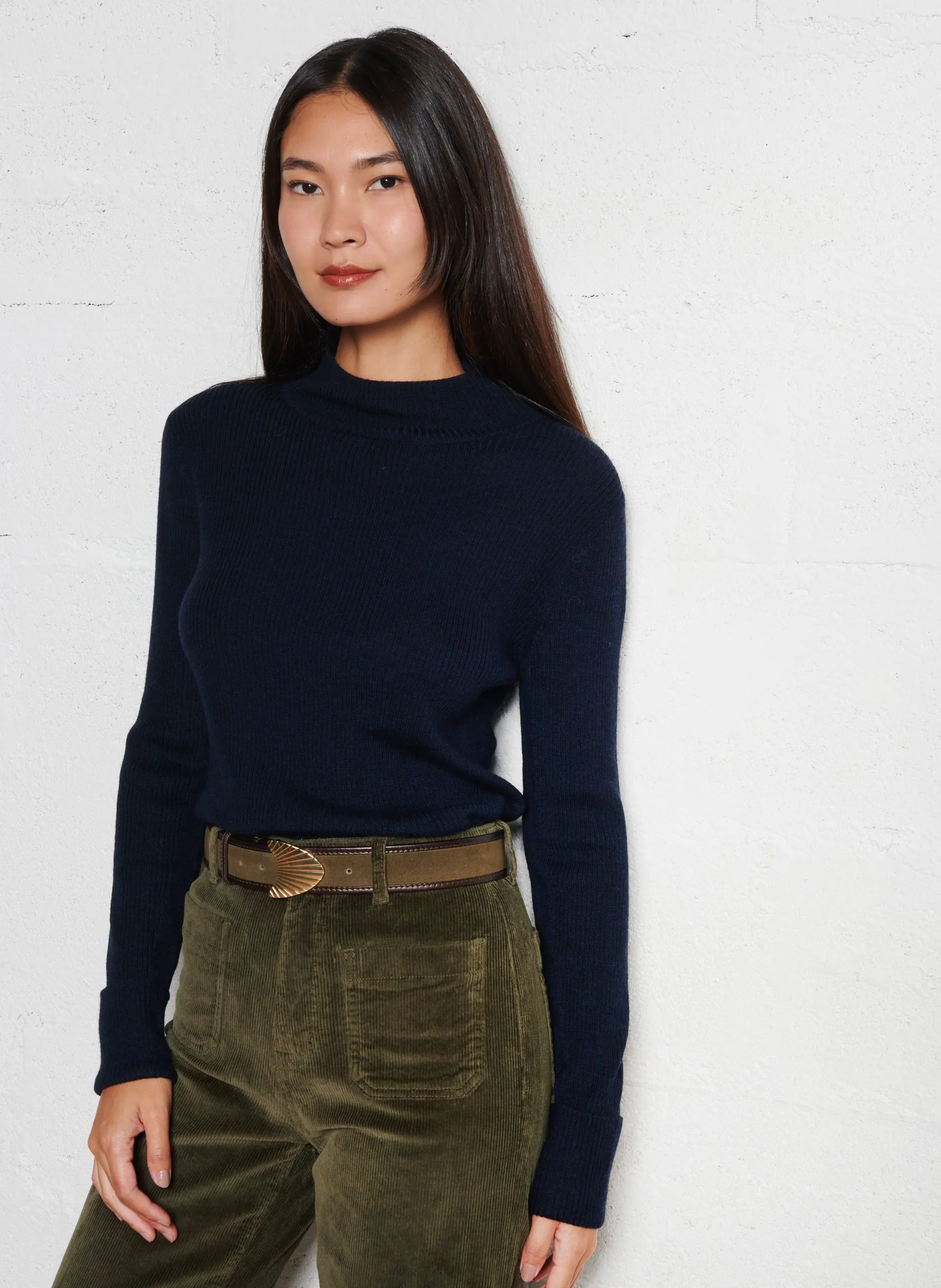 Pull ajusté col montant en laine Bleu OLIN