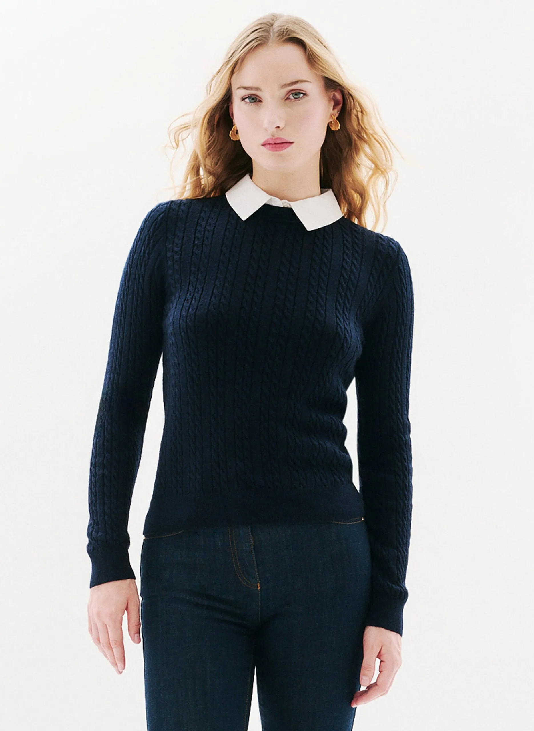Pull ajusté col classique en laine mélangée Bleu 252K-MPATTY
