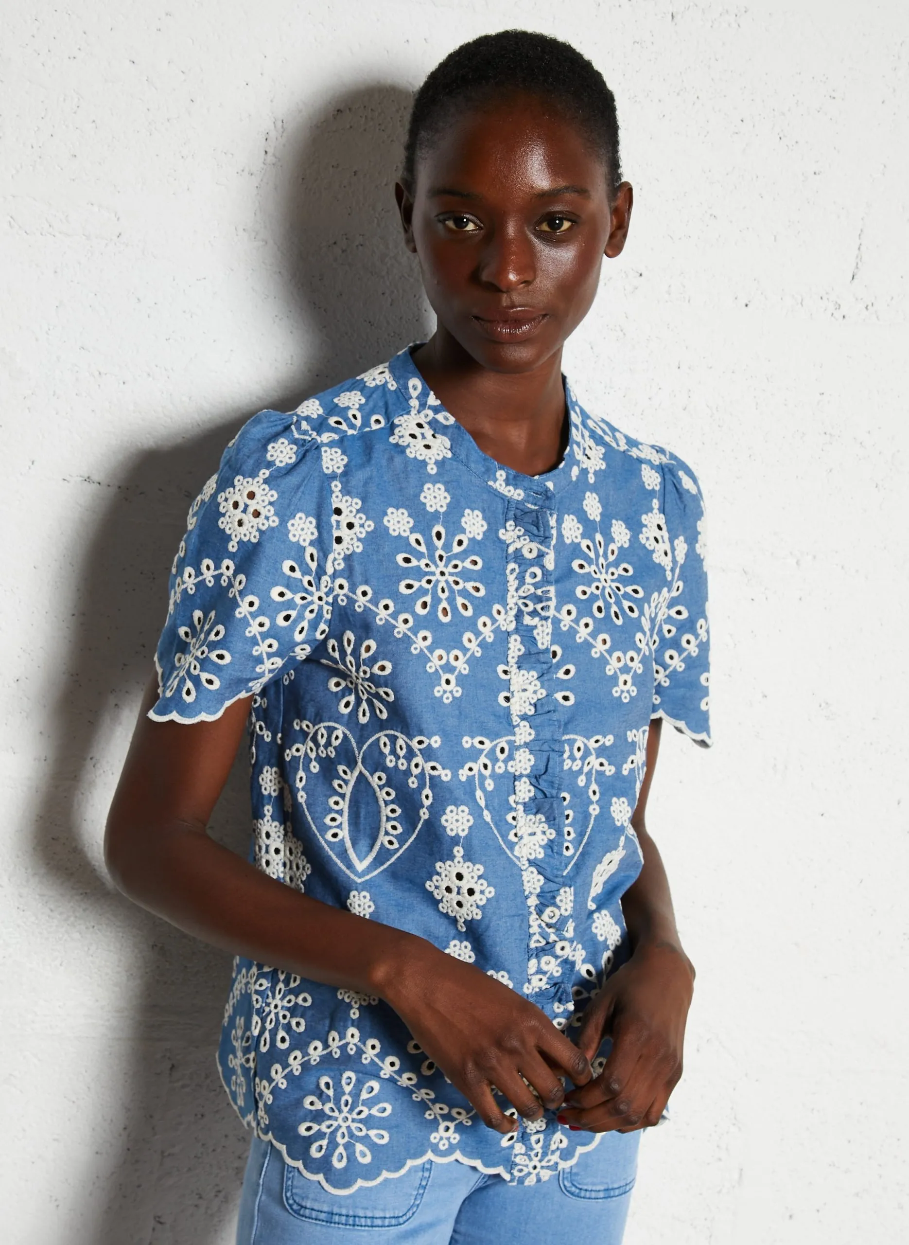 Chemise droite col rond en coton Bleu THEA