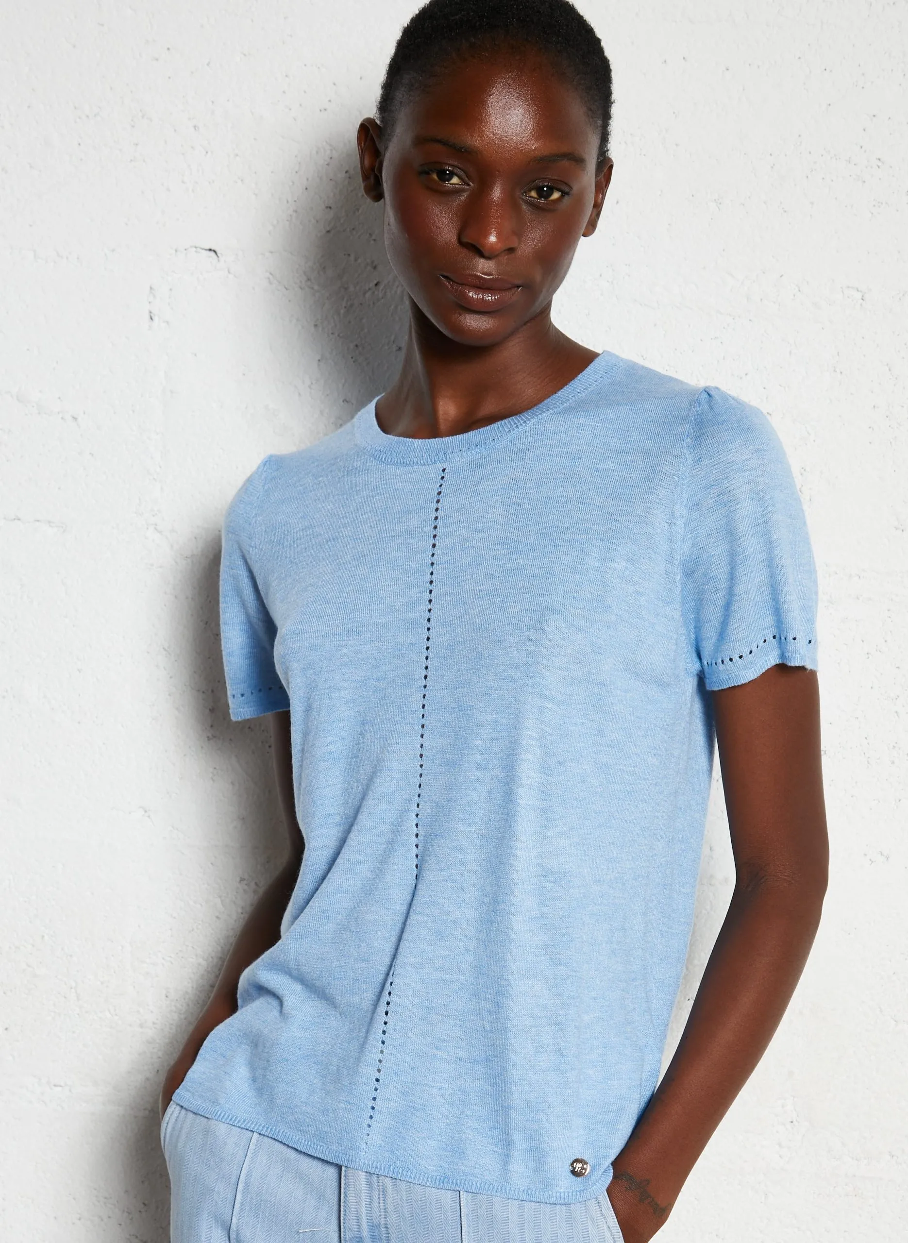 Pull col rond uni manches courtes Bleu MATHILDE