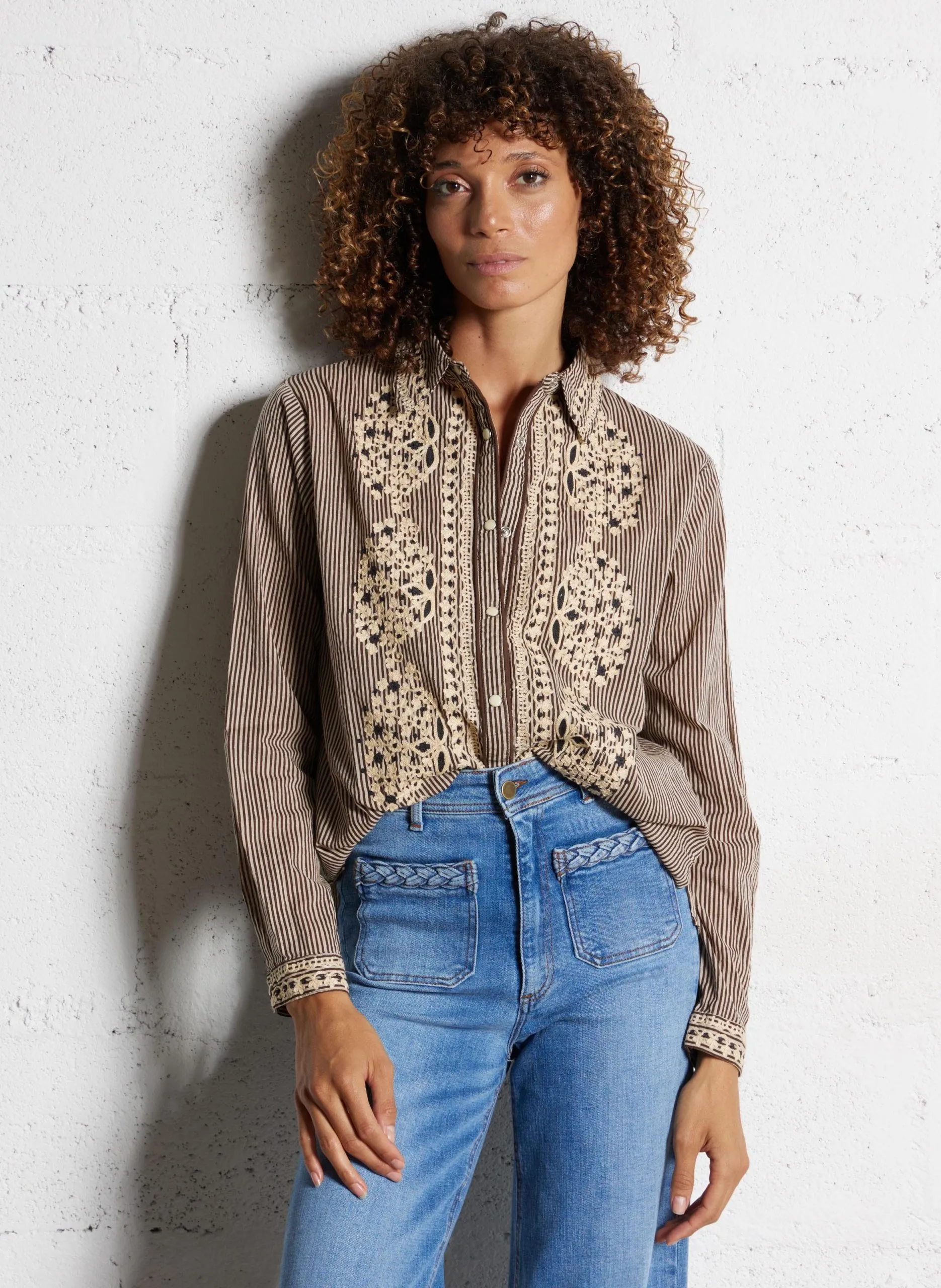 Chemise col classique rayée en coton Beige COHIBA BEBO