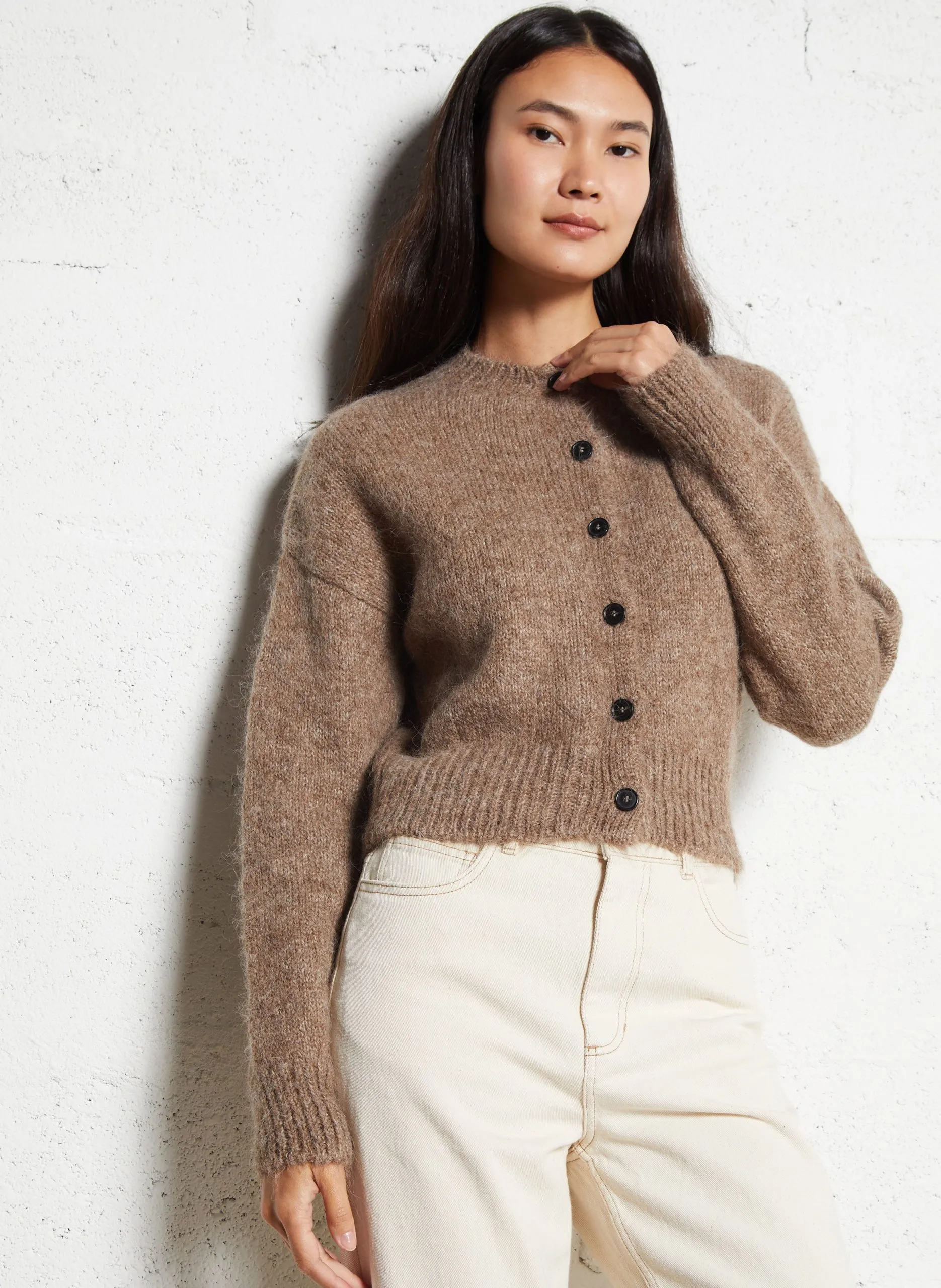 Gilet ample col rond en alpaga mélangé Marron NOELLA